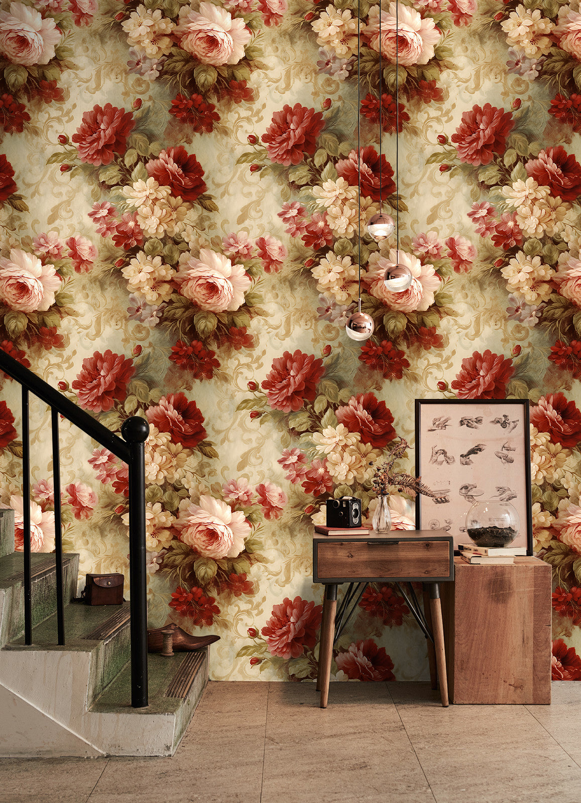 HaokHome Wallpaper Peel and Stick Rose Floral Watercolor Wall Decor in Red, Pink & Beige Removable Mural