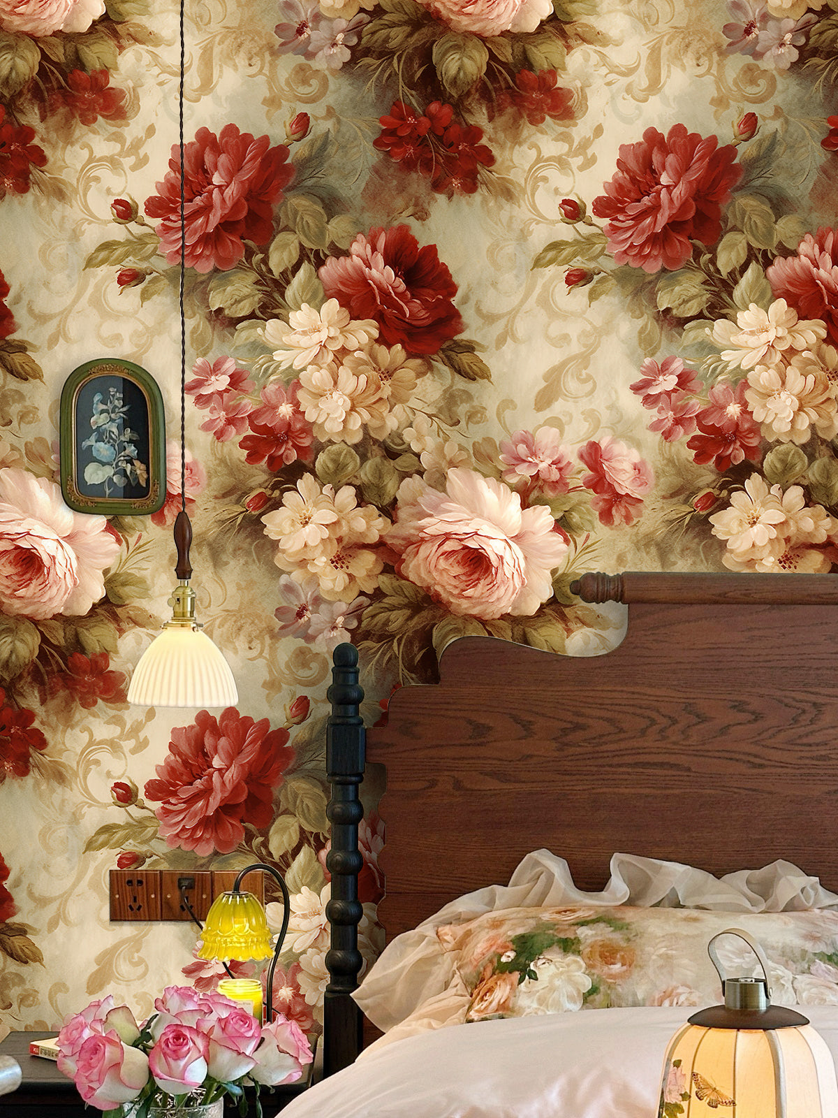 HaokHome Wallpaper Peel and Stick Rose Floral Watercolor Wall Decor in Red, Pink & Beige Removable Mural