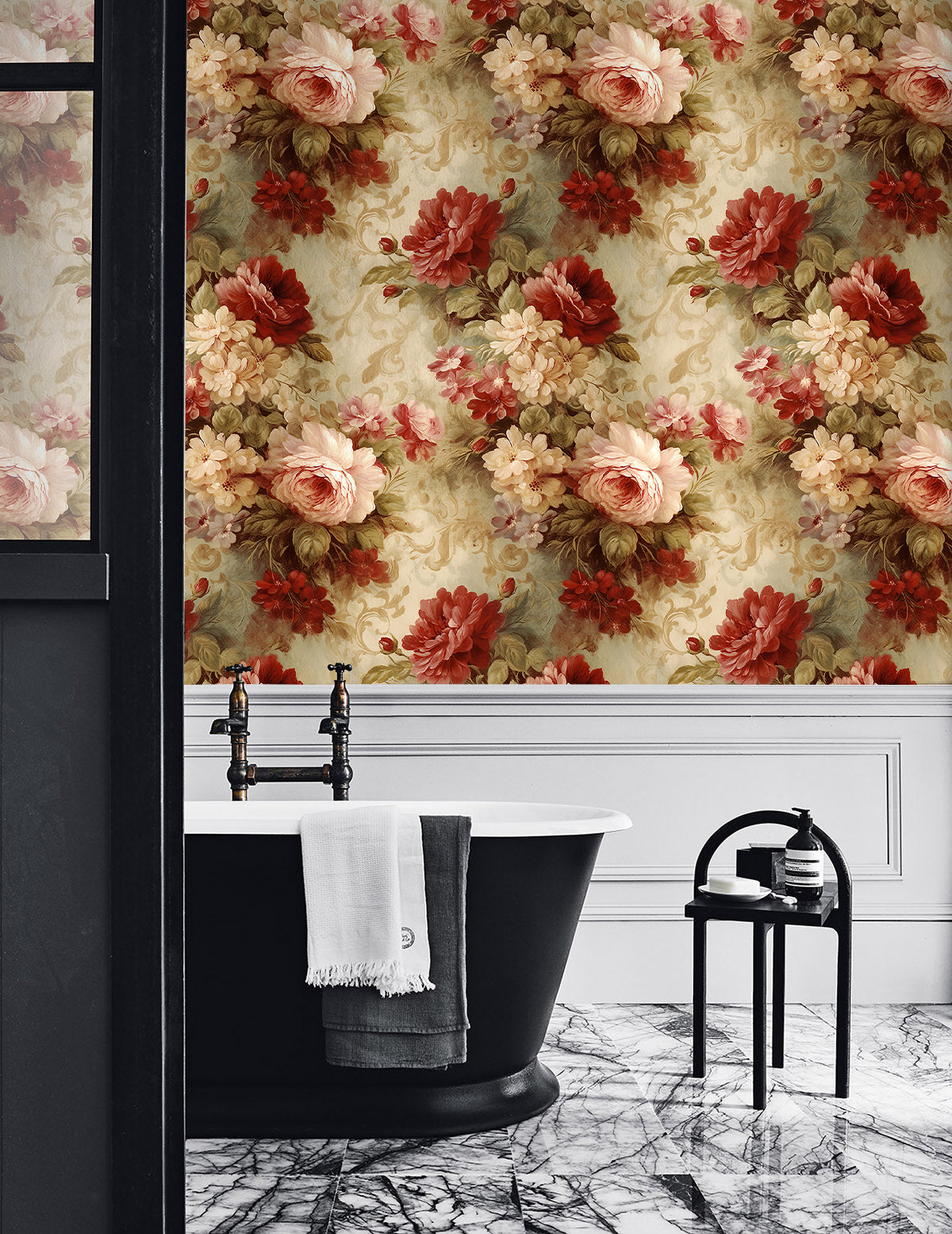 HaokHome Wallpaper Peel and Stick Rose Floral Watercolor Wall Decor in Red, Pink & Beige Removable Mural