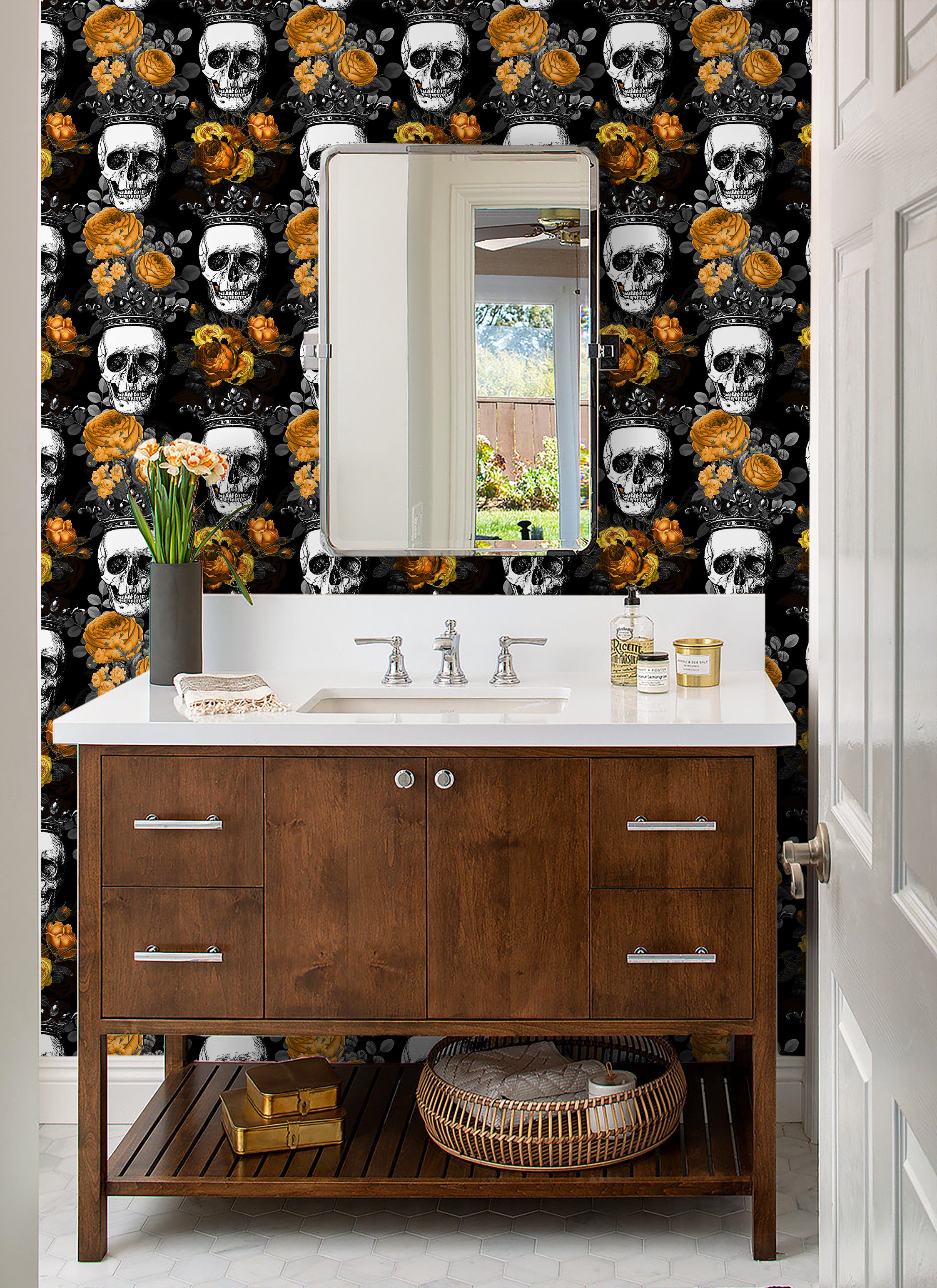 HaokHome Wallpaper Peel and Stick Skull Crown Floral Black/Yellow Gothic Royal Wall Decor Removable Mural