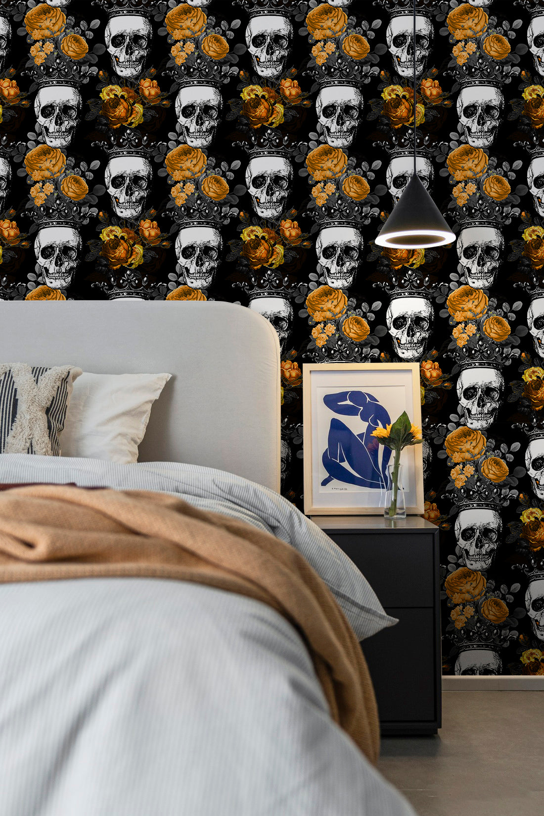 HaokHome Wallpaper Peel and Stick Skull Crown Floral Black/Yellow Gothic Royal Wall Decor Removable Mural