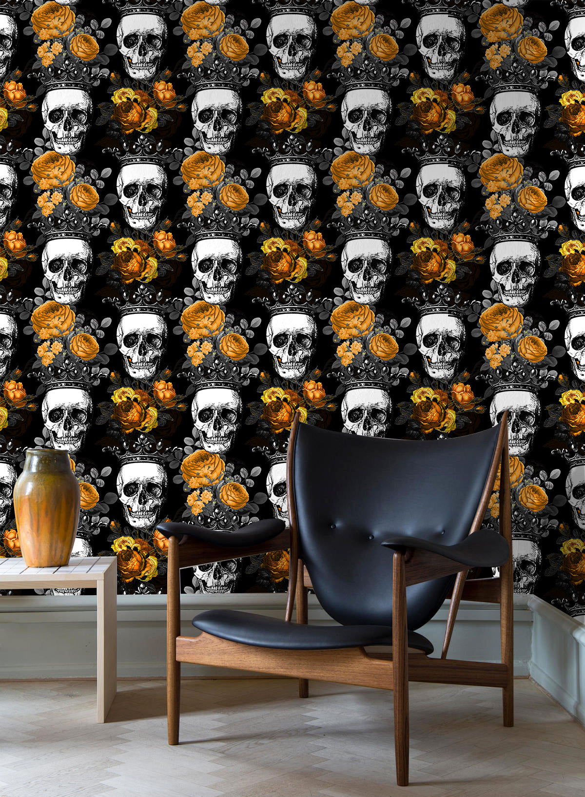 HaokHome Wallpaper Peel and Stick Skull Crown Floral Black/Yellow Gothic Royal Wall Decor Removable Mural