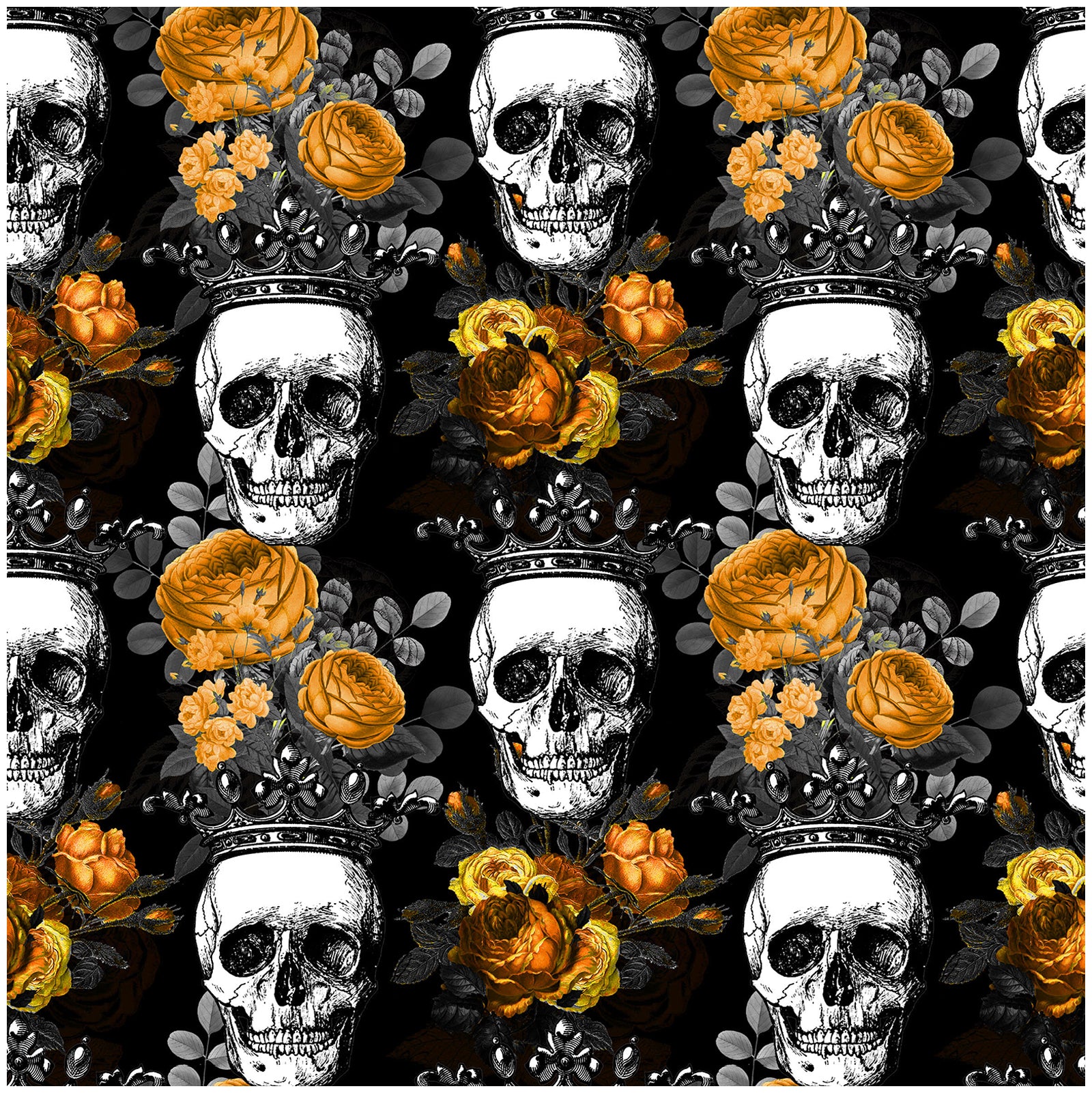 HaokHome Wallpaper Peel and Stick Skull Crown Floral Black/Yellow Gothic Royal Wall Decor Removable Mural