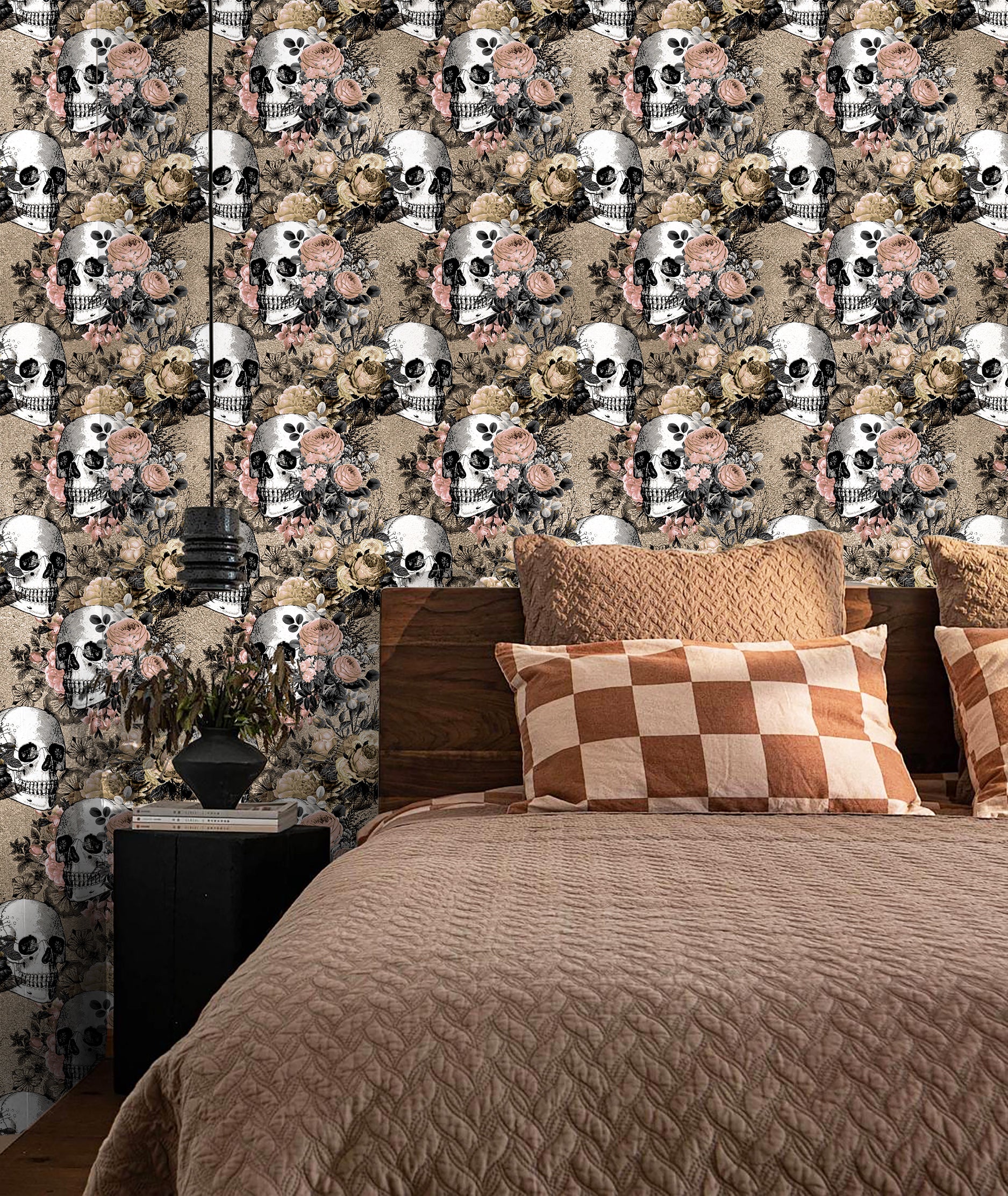HaokHome Wallpaper Peel and Stick Skull Floral Beige/Pink/Black Vintage Gothic Wall Decor Removable Mural