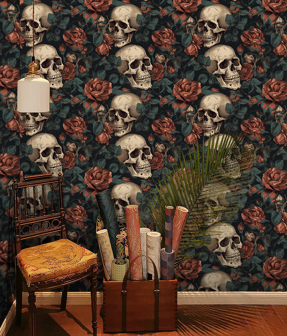 HaokHome Wallpaper Peel and Stick Skull Floral Dark Red/Peach/Green Vintage Gothic Wall Decor Bedroom Removable Mural