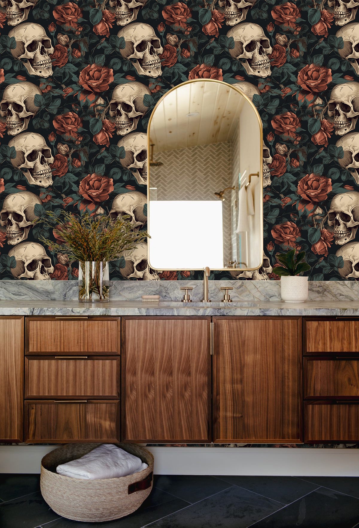 HaokHome Wallpaper Peel and Stick Skull Floral Dark Red/Peach/Green Vintage Gothic Wall Decor Bedroom Removable Mural