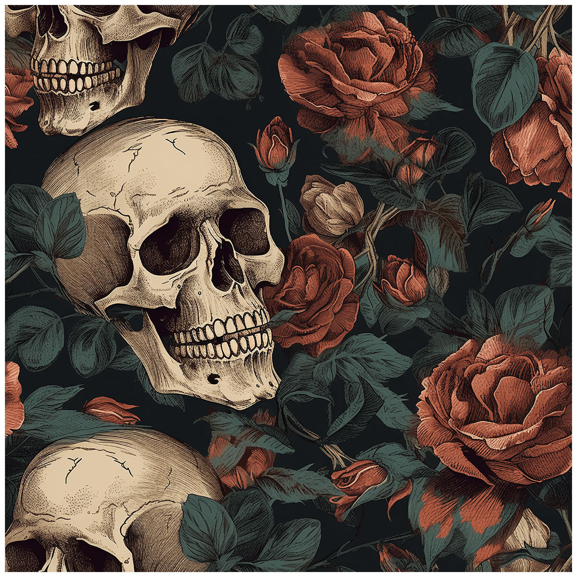 HaokHome Wallpaper Peel and Stick Skull Floral Dark Red/Peach/Green Vintage Gothic Wall Decor Bedroom Removable Mural