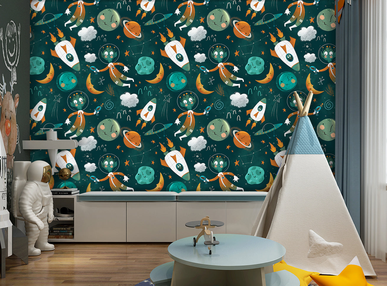 HaokHome Wallpaper Peel and Stick Space Adventure Green/Orange/Yellow Astronaut Wall Decor Kids Room Removable Mural