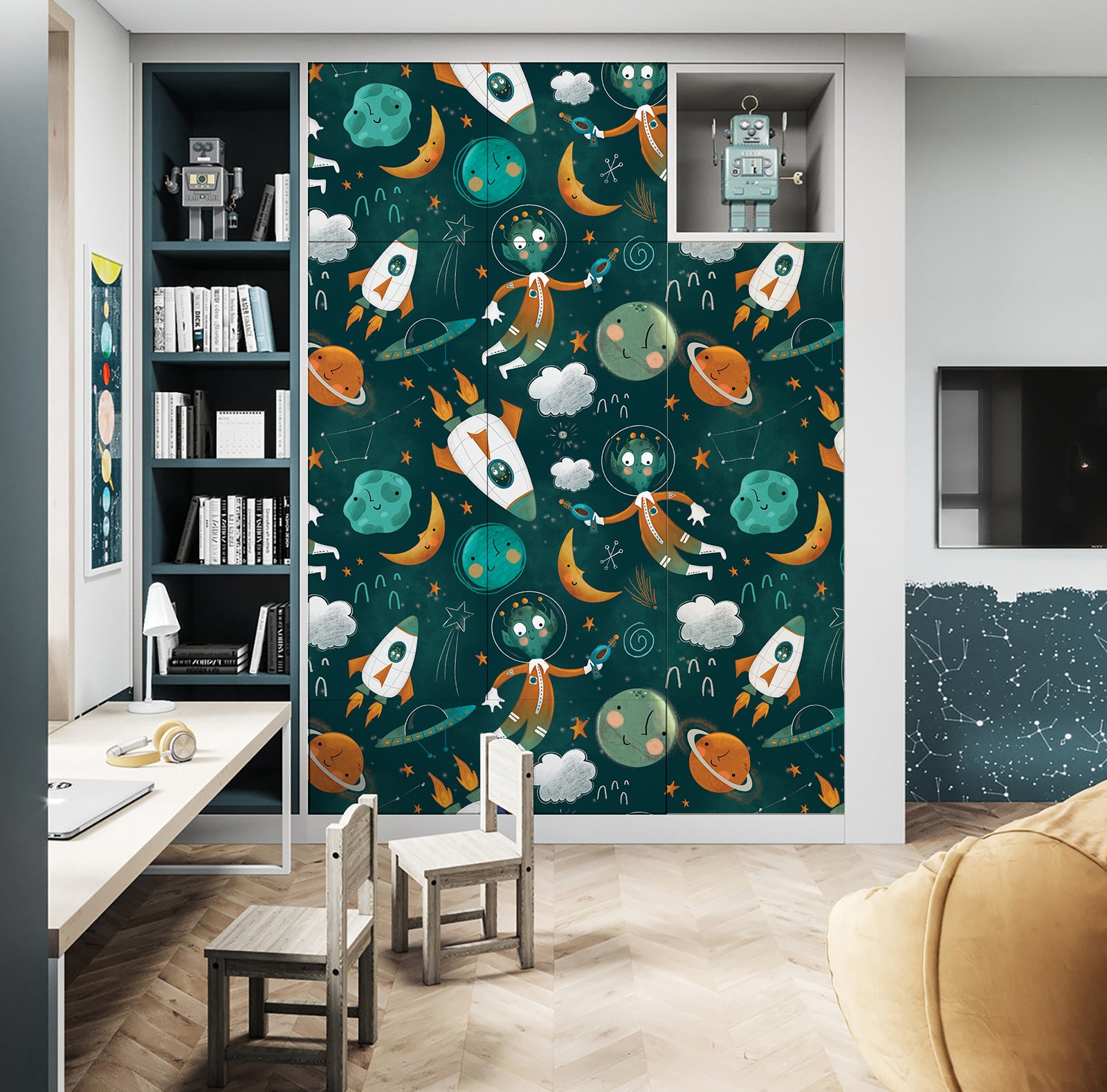 HaokHome Wallpaper Peel and Stick Space Adventure Green/Orange/Yellow Astronaut Wall Decor Kids Room Removable Mural