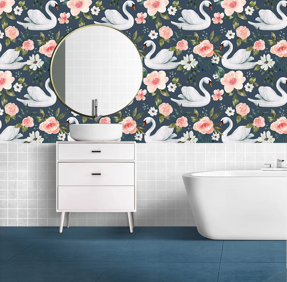 HaokHome Wallpaper Peel and Stick Swan Floral Pink/White/Green Retro Wall Decor Bedroom Removable Mural