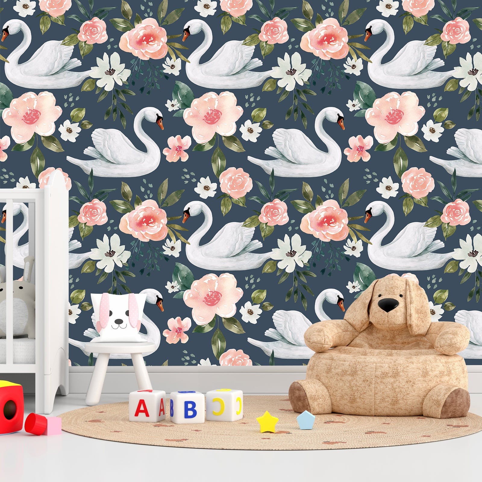 HaokHome Wallpaper Peel and Stick Swan Floral Pink/White/Green Retro Wall Decor Bedroom Removable Mural