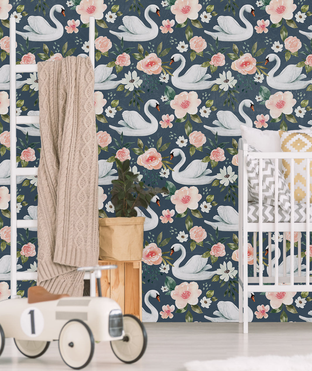 HaokHome Wallpaper Peel and Stick Swan Floral Pink/White/Green Retro Wall Decor Bedroom Removable Mural