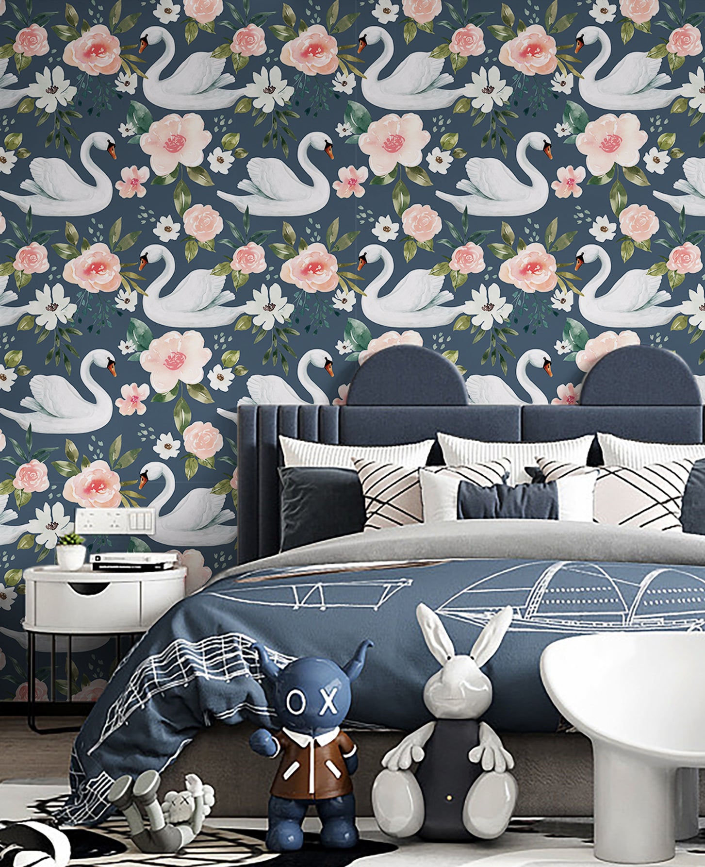 HaokHome Wallpaper Peel and Stick Swan Floral Pink/White/Green Retro Wall Decor Bedroom Removable Mural