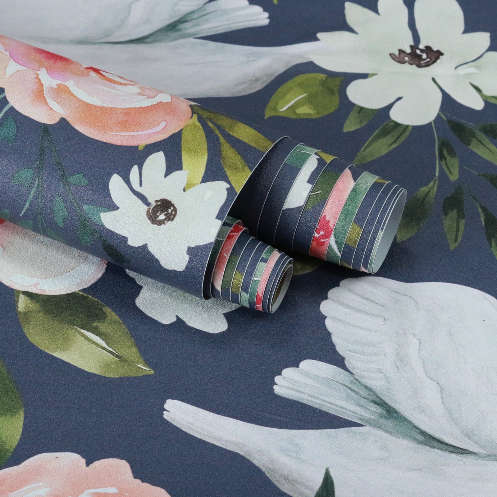 HaokHome Wallpaper Peel and Stick Swan Floral Pink/White/Green Retro Wall Decor Bedroom Removable Mural