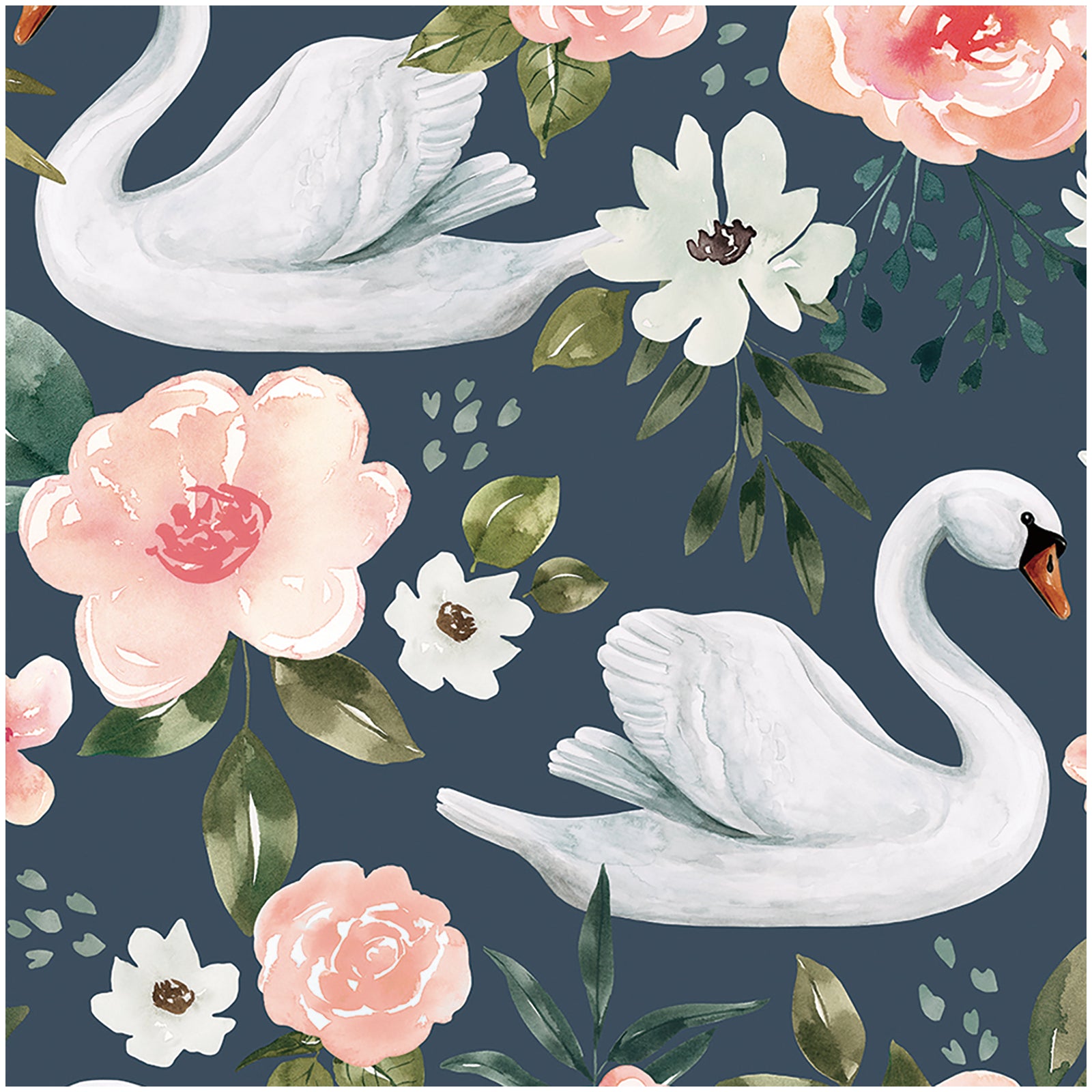 HaokHome Wallpaper Peel and Stick Swan Floral Pink/White/Green Retro Wall Decor Bedroom Removable Mural