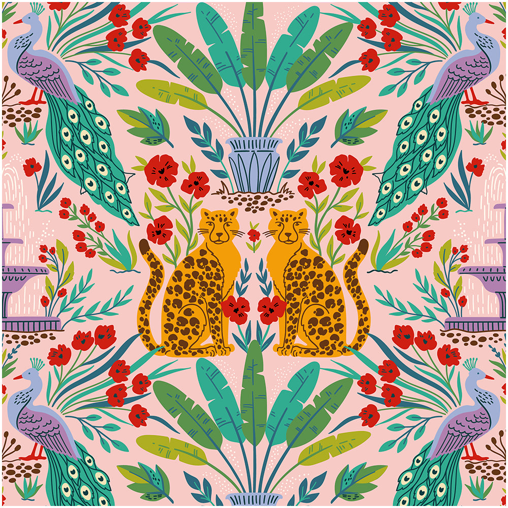 HaokHome Wallpaper Peel and Stick Tropical Jungle Leopard Peacock Pink/Green/Red Boho Wall Decor Removable Mural