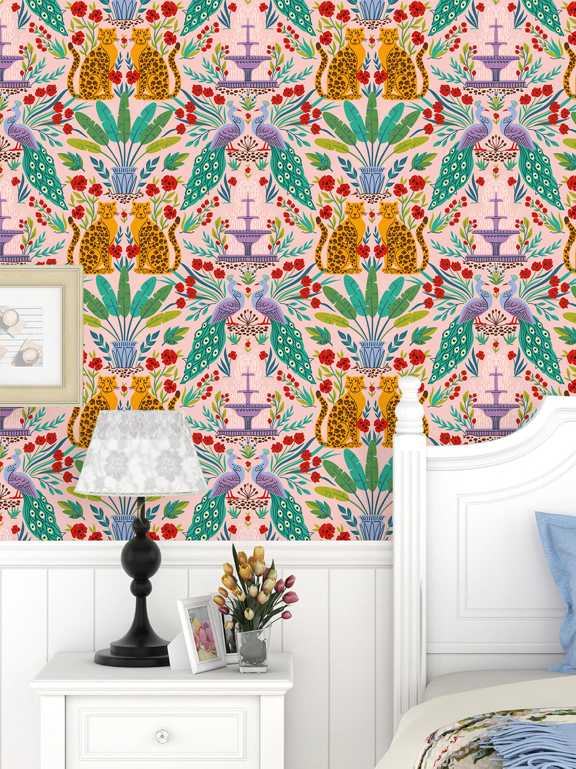 HaokHome Wallpaper Peel and Stick Tropical Jungle Leopard Peacock Pink/Green/Red Boho Wall Decor Removable Mural