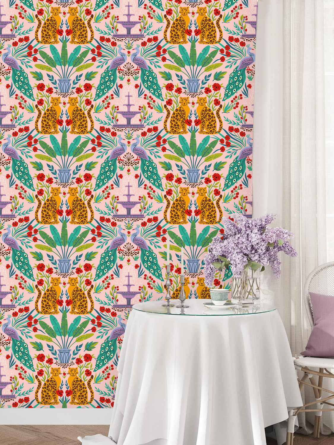 HaokHome Wallpaper Peel and Stick Tropical Jungle Leopard Peacock Pink/Green/Red Boho Wall Decor Removable Mural