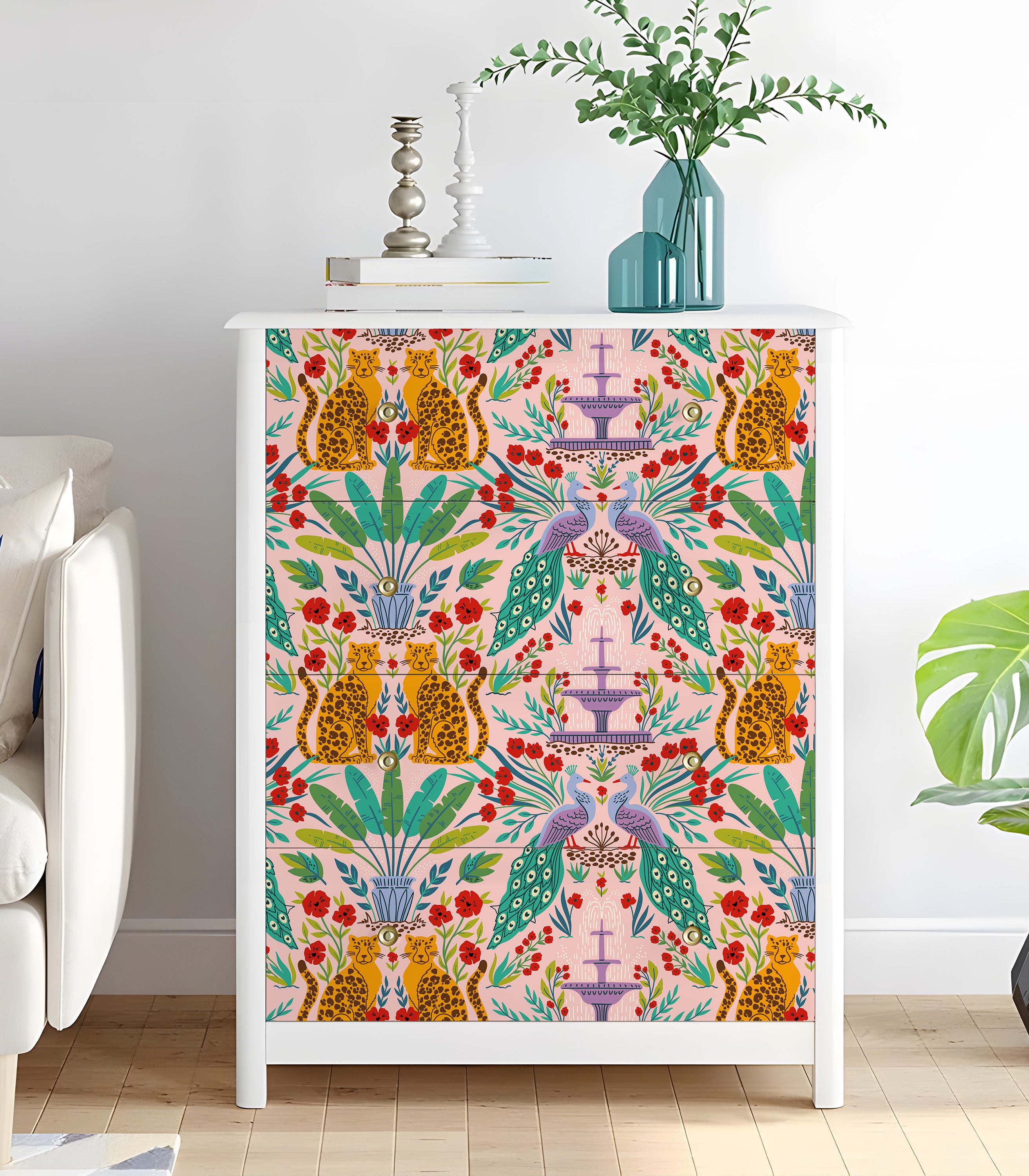 HaokHome Wallpaper Peel and Stick Tropical Jungle Leopard Peacock Pink/Green/Red Boho Wall Decor Removable Mural