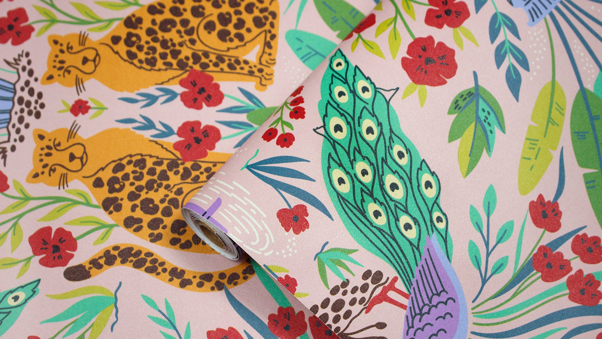 HaokHome Wallpaper Peel and Stick Tropical Jungle Leopard Peacock Pink/Green/Red Boho Wall Decor Removable Mural