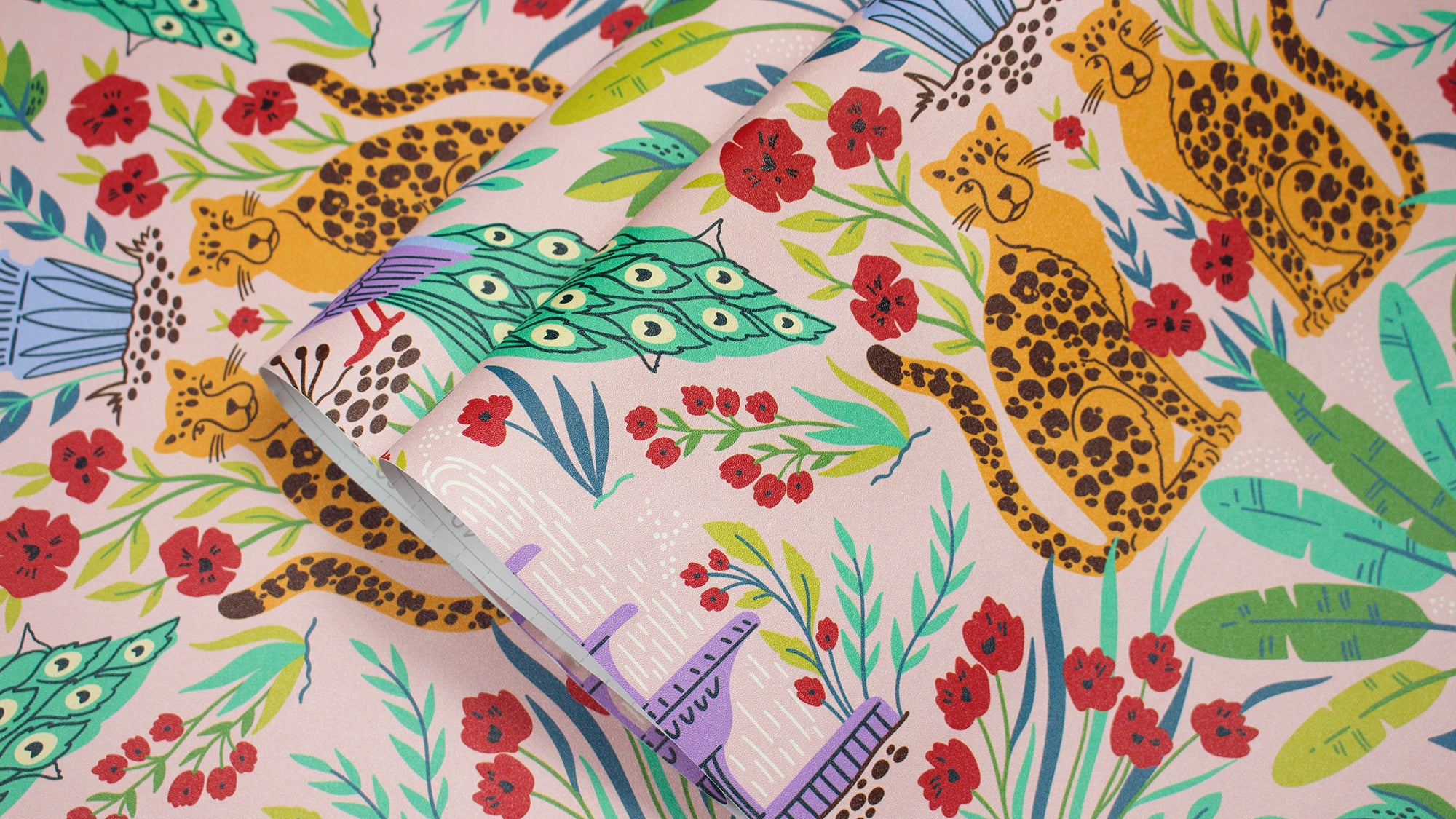 HaokHome Wallpaper Peel and Stick Tropical Jungle Leopard Peacock Pink/Green/Red Boho Wall Decor Removable Mural