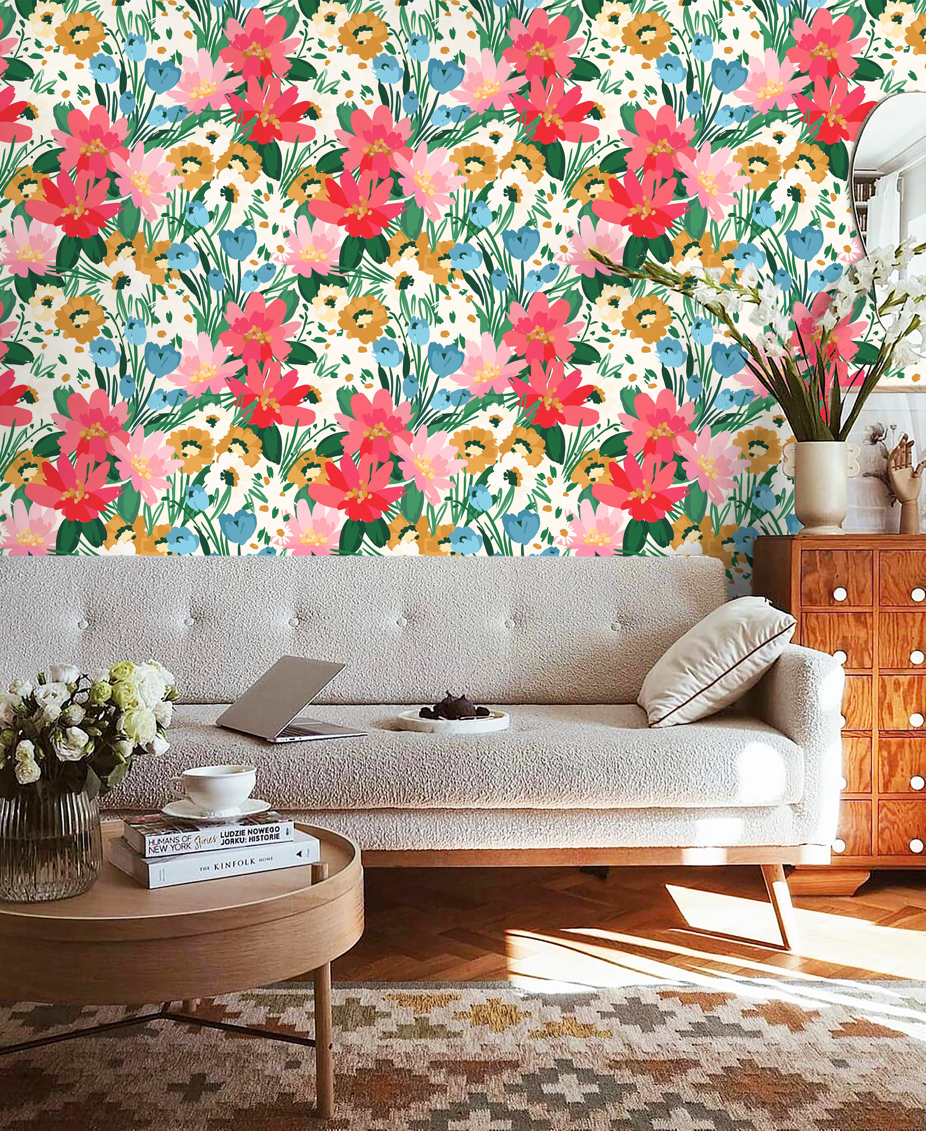 HaokHome Wallpaper Peel and Stick Vibrant Floral Tropical Multicolor Wall Decor Removable Mural for Living Room & Bedroom