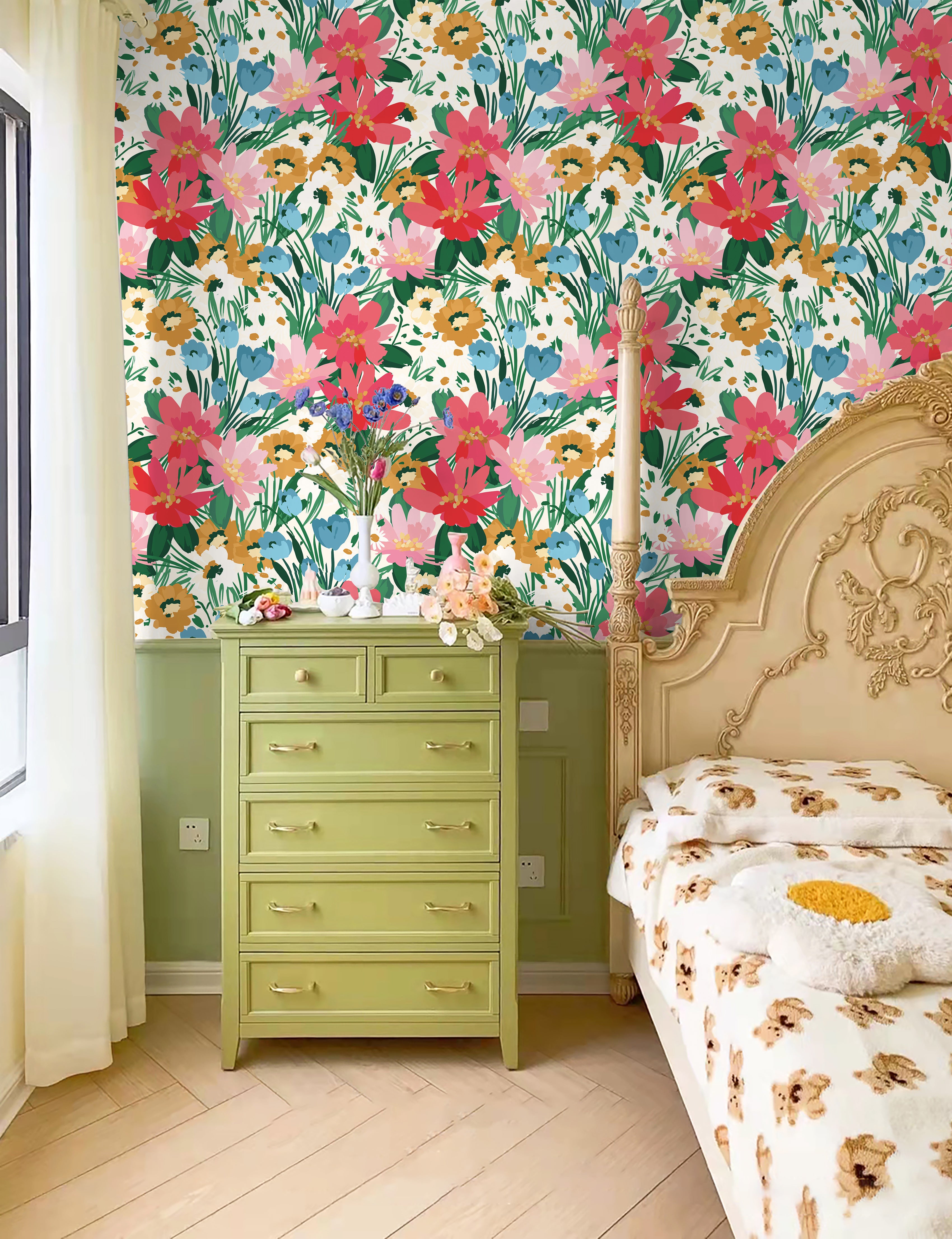 HaokHome Wallpaper Peel and Stick Vibrant Floral Tropical Multicolor Wall Decor Removable Mural for Living Room & Bedroom