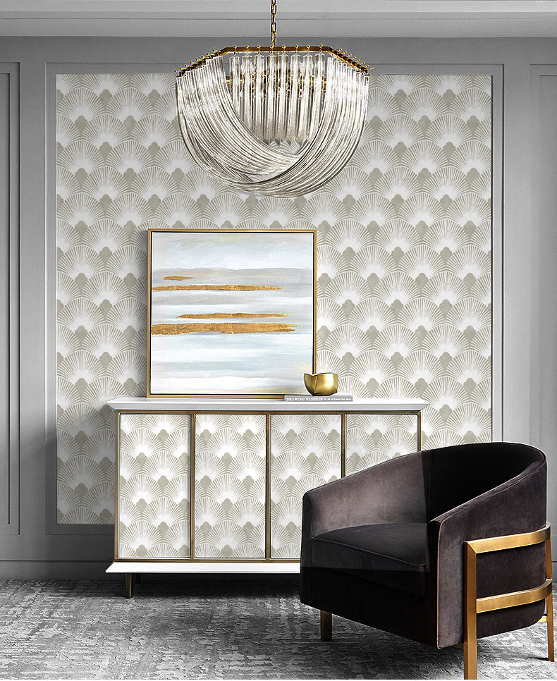 HaokHome Wallpaper Peel and Stick Vintage Fan Gray/White Geometric Retro Wall Decor Bedroom Removable Mural