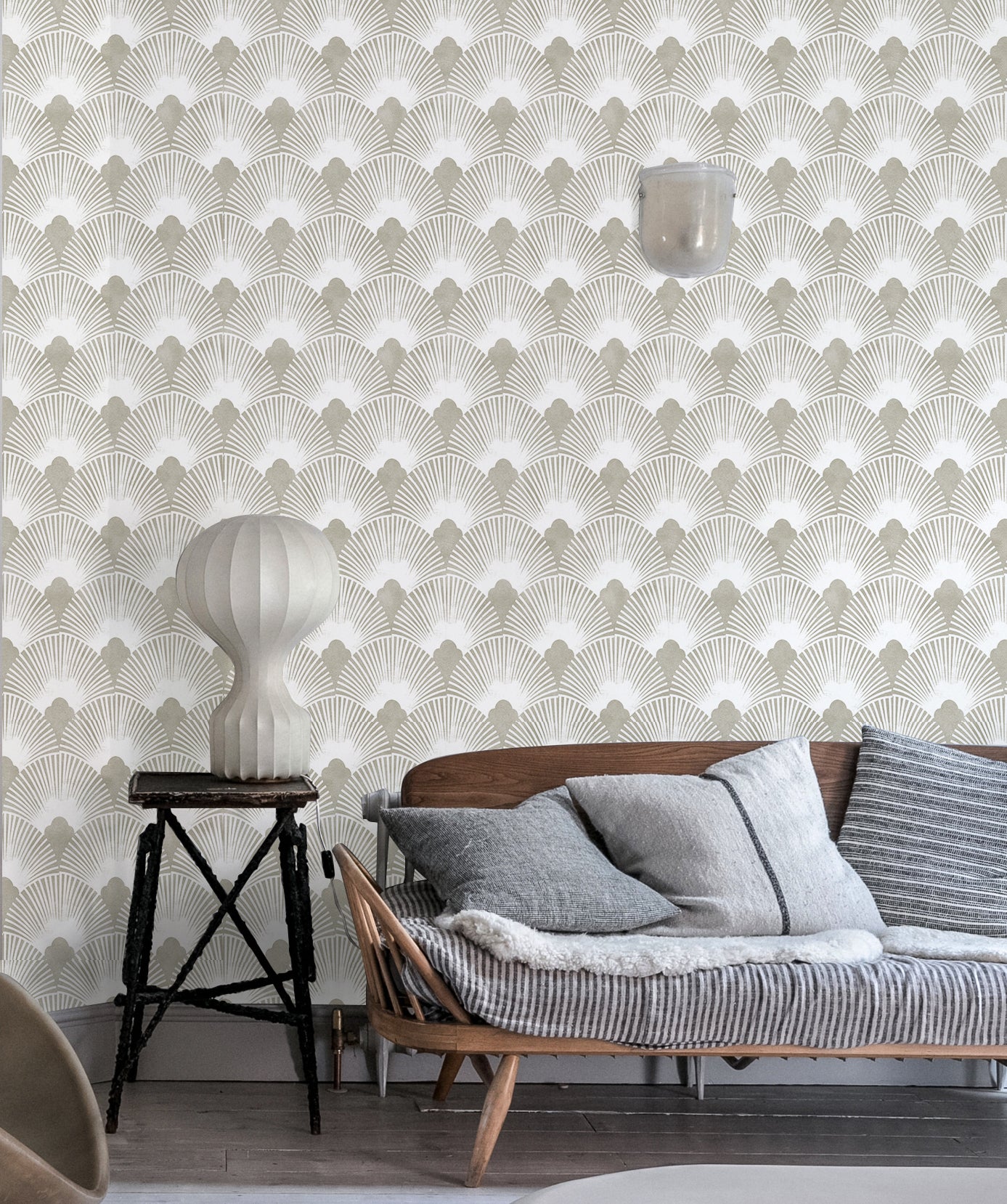 HaokHome Wallpaper Peel and Stick Vintage Fan Gray/White Geometric Retro Wall Decor Bedroom Removable Mural