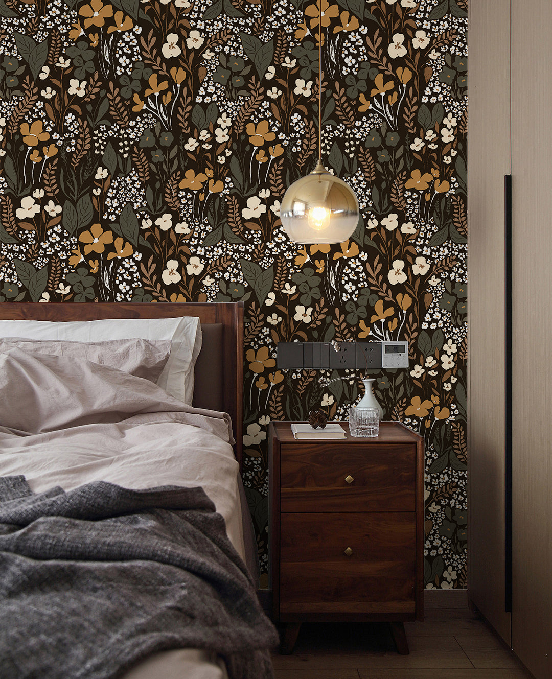 HaokHome Wallpaper Peel and Stick Vintage Floral Black/Gold/Beige Botanical Wall Decor Removable Mural for Bedroom & Living Room