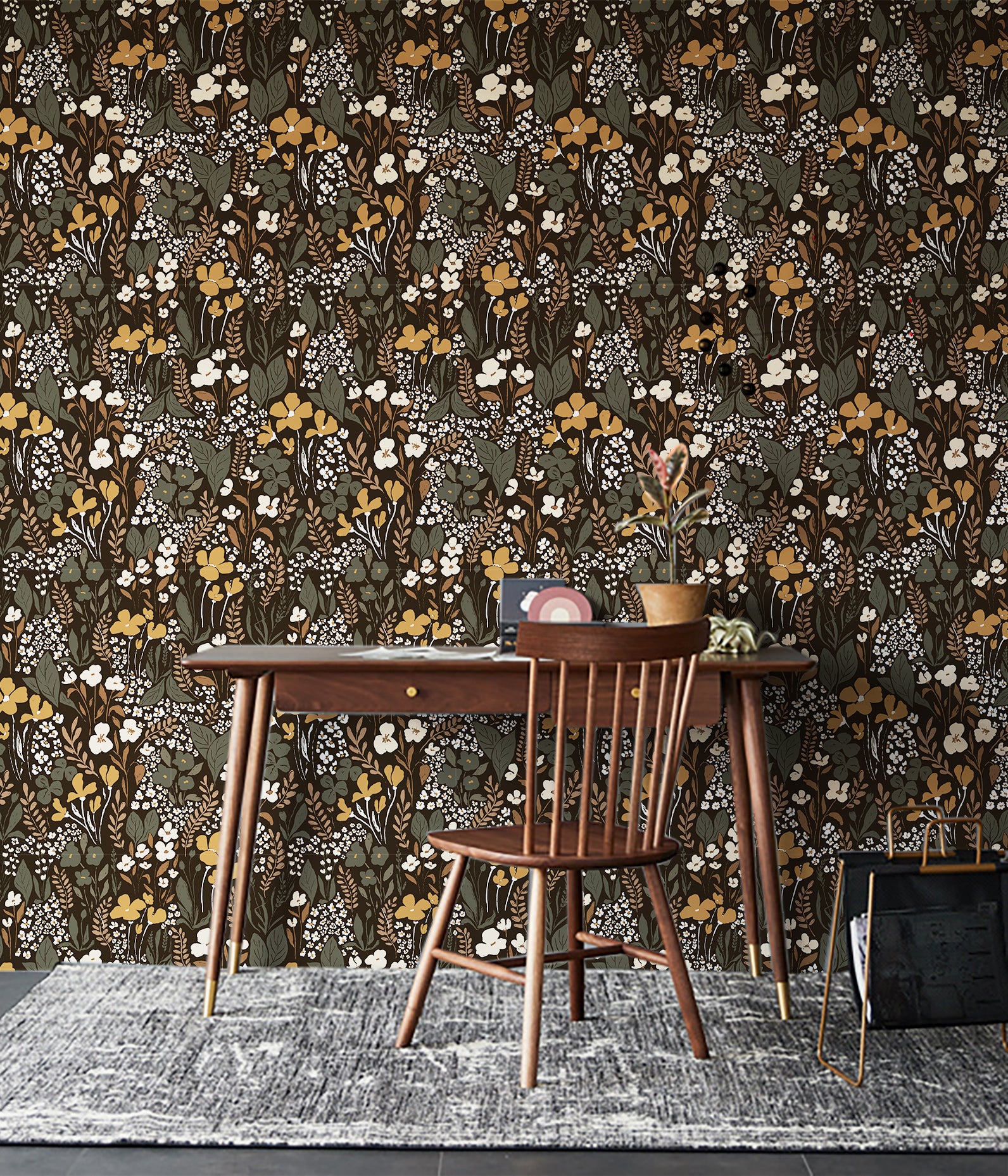 HaokHome Wallpaper Peel and Stick Vintage Floral Black/Gold/Beige Botanical Wall Decor Removable Mural for Bedroom & Living Room
