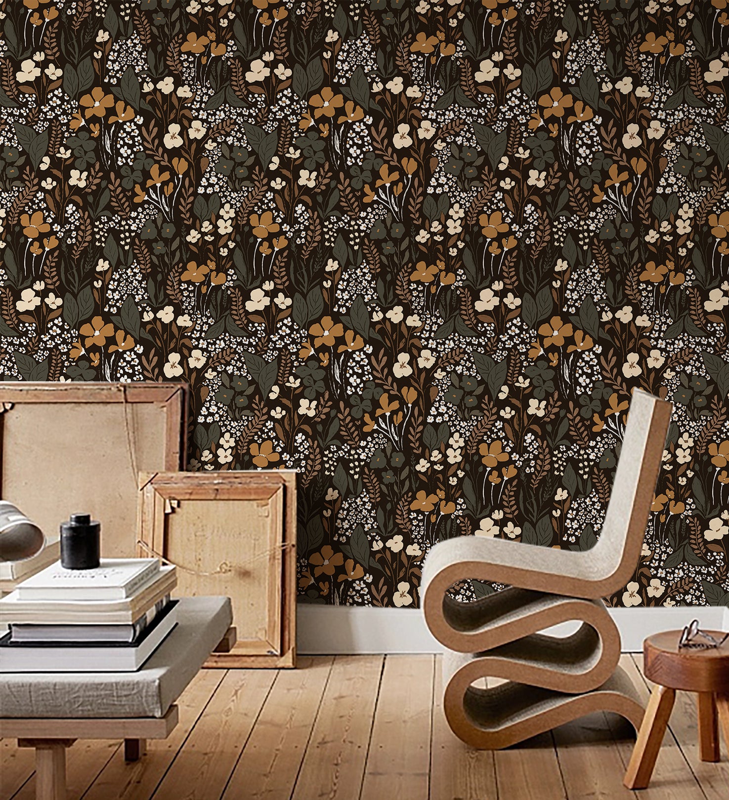HaokHome Wallpaper Peel and Stick Vintage Floral Black/Gold/Beige Botanical Wall Decor Removable Mural for Bedroom & Living Room