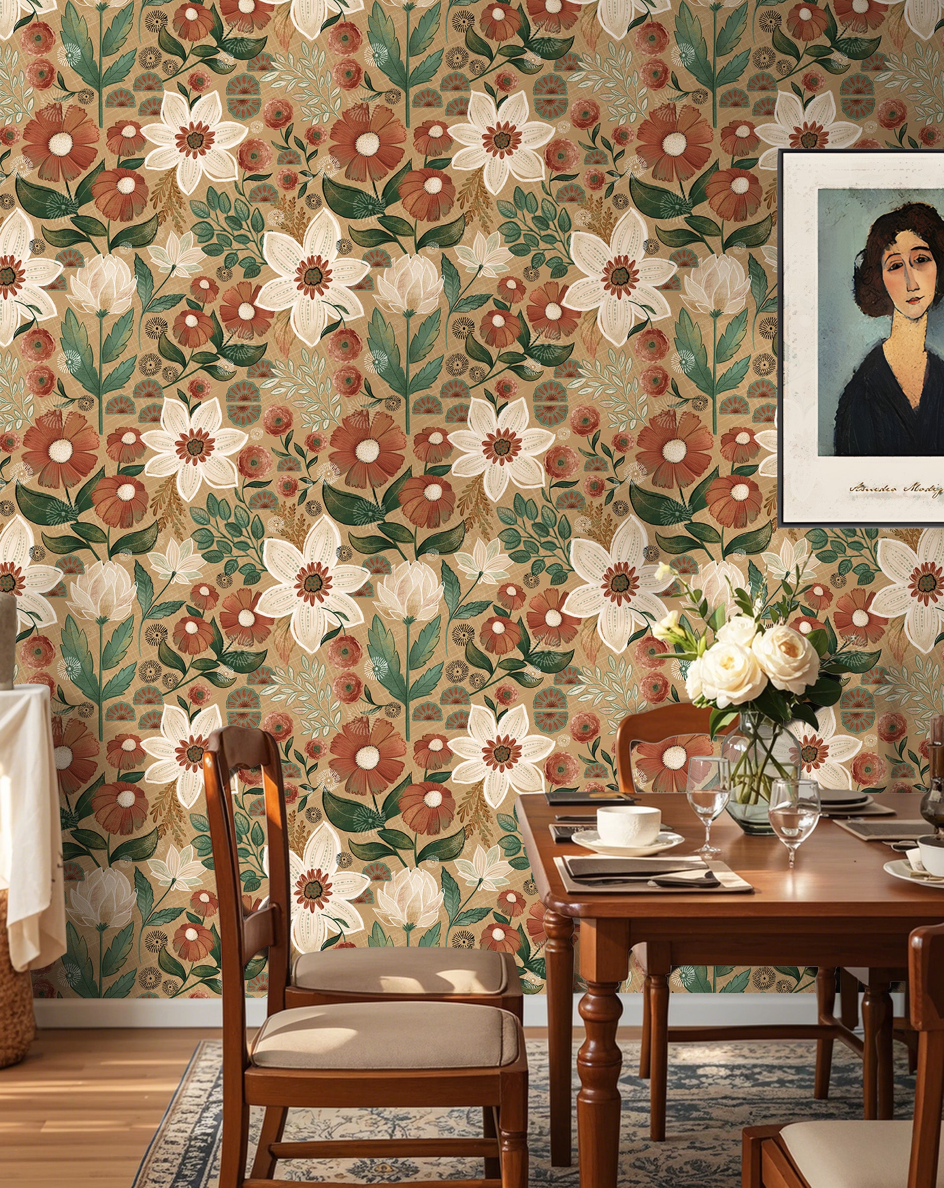 HaokHome Wallpaper Peel and Stick Vintage Floral Brown/Beige/Green Botanical Wall Decor Removable Mural