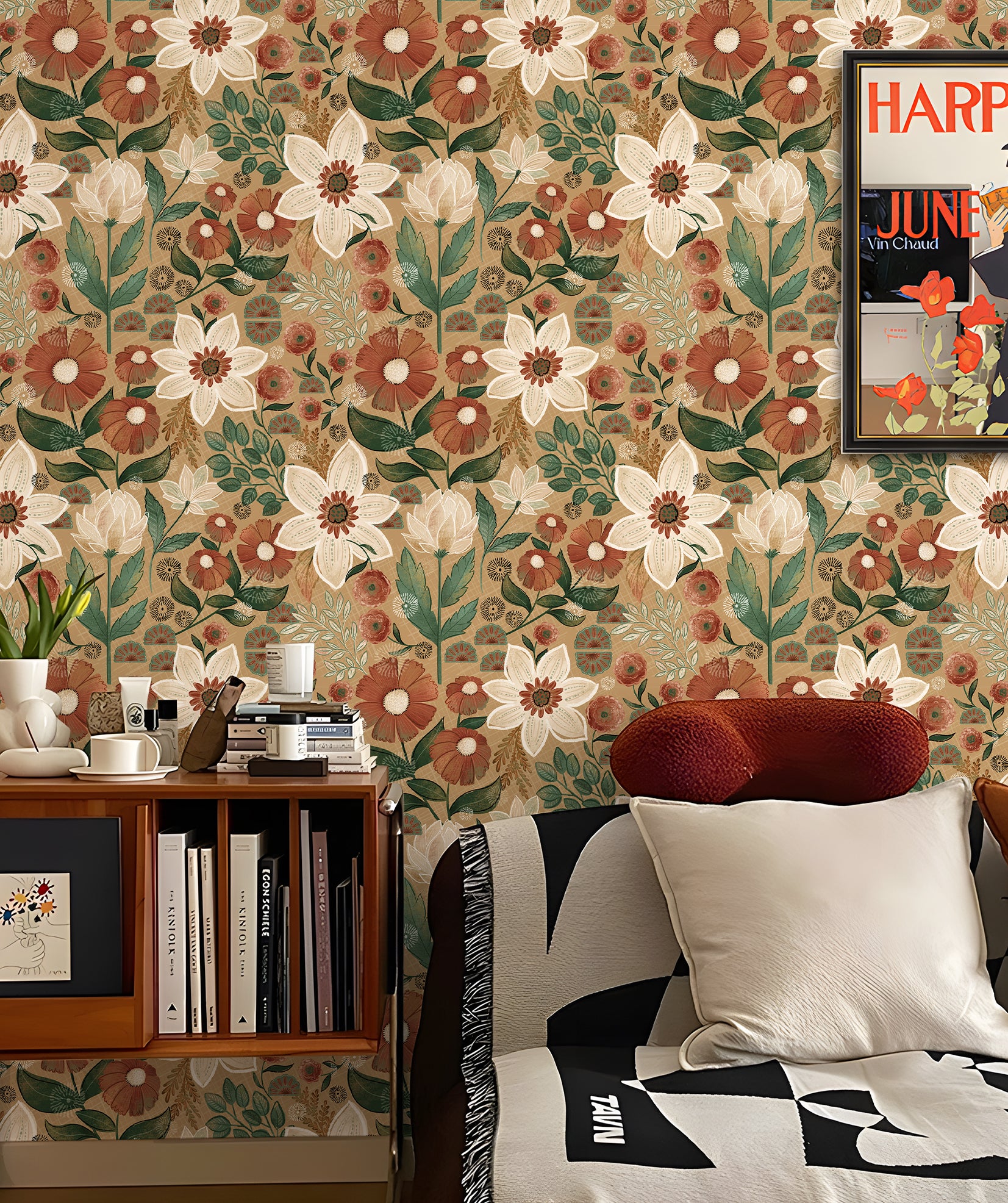 HaokHome Wallpaper Peel and Stick Vintage Floral Brown/Beige/Green Botanical Wall Decor Removable Mural