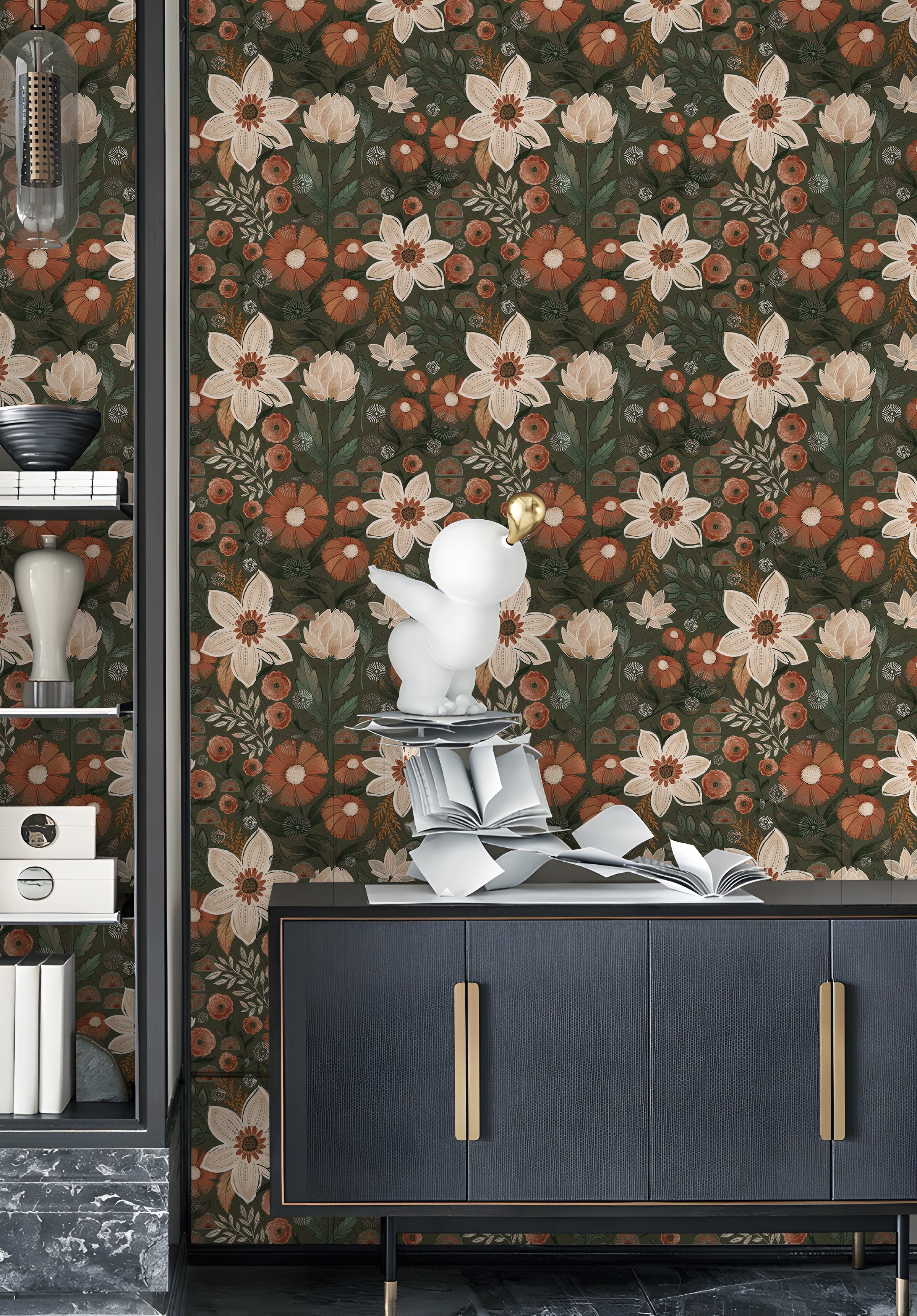 HaokHome Wallpaper Peel and Stick Vintage Floral Olive Green/Beige/Brown Botanical Wall Decor Removable Mural