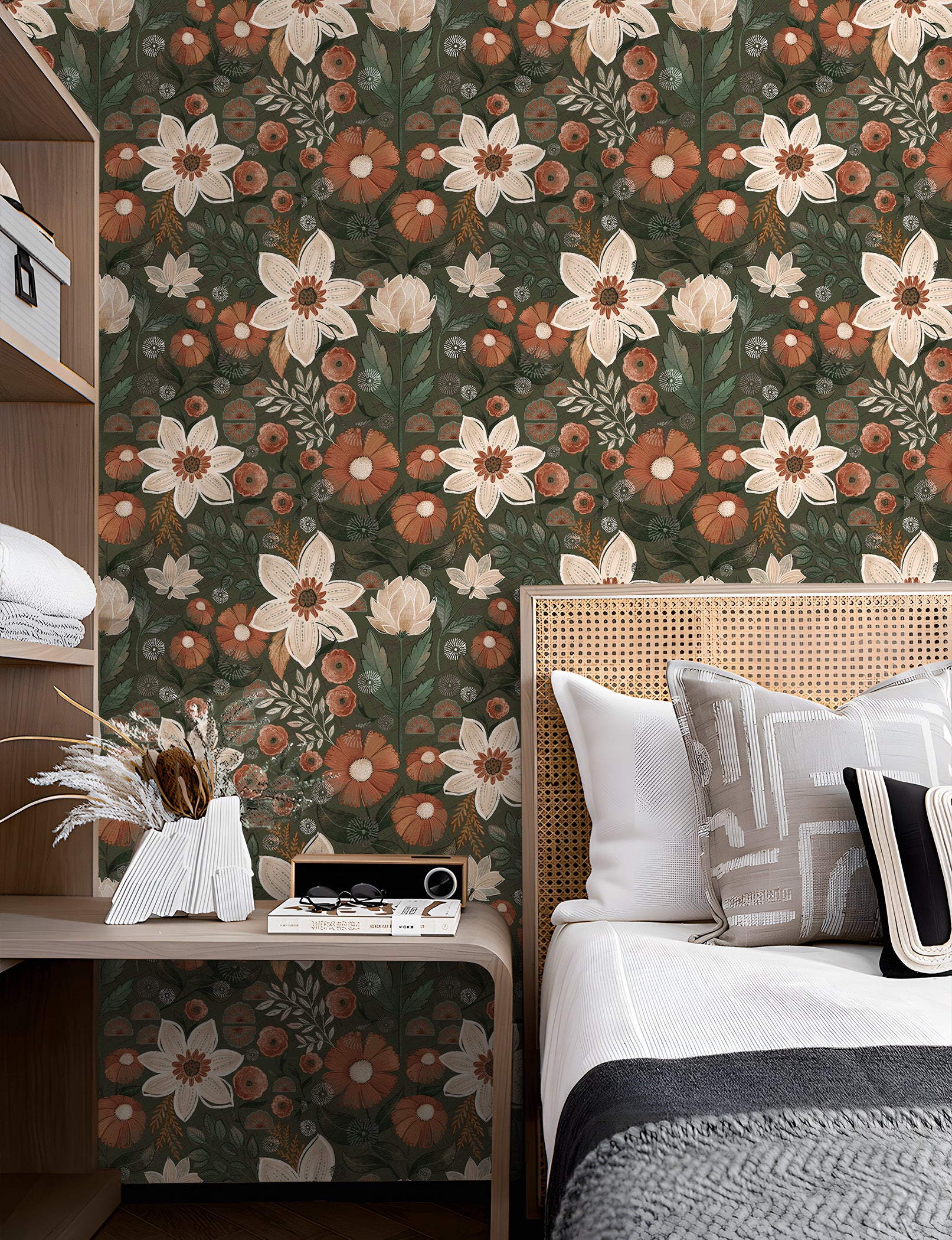 HaokHome Wallpaper Peel and Stick Vintage Floral Olive Green/Beige/Brown Botanical Wall Decor Removable Mural