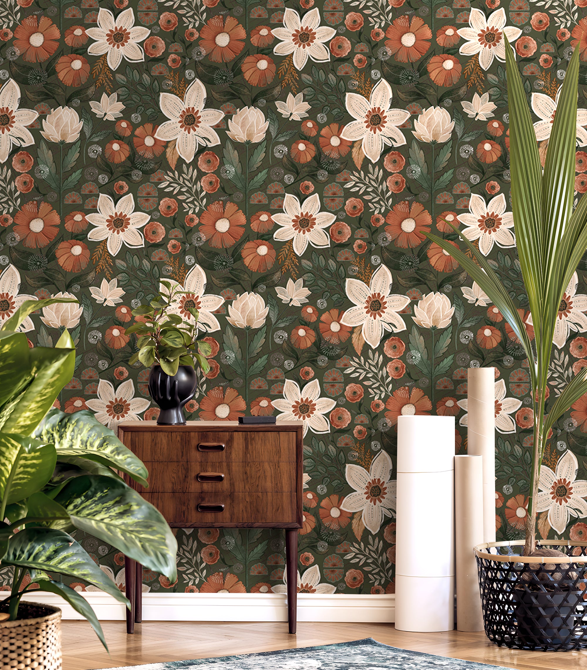 HaokHome Wallpaper Peel and Stick Vintage Floral Olive Green/Beige/Brown Botanical Wall Decor Removable Mural