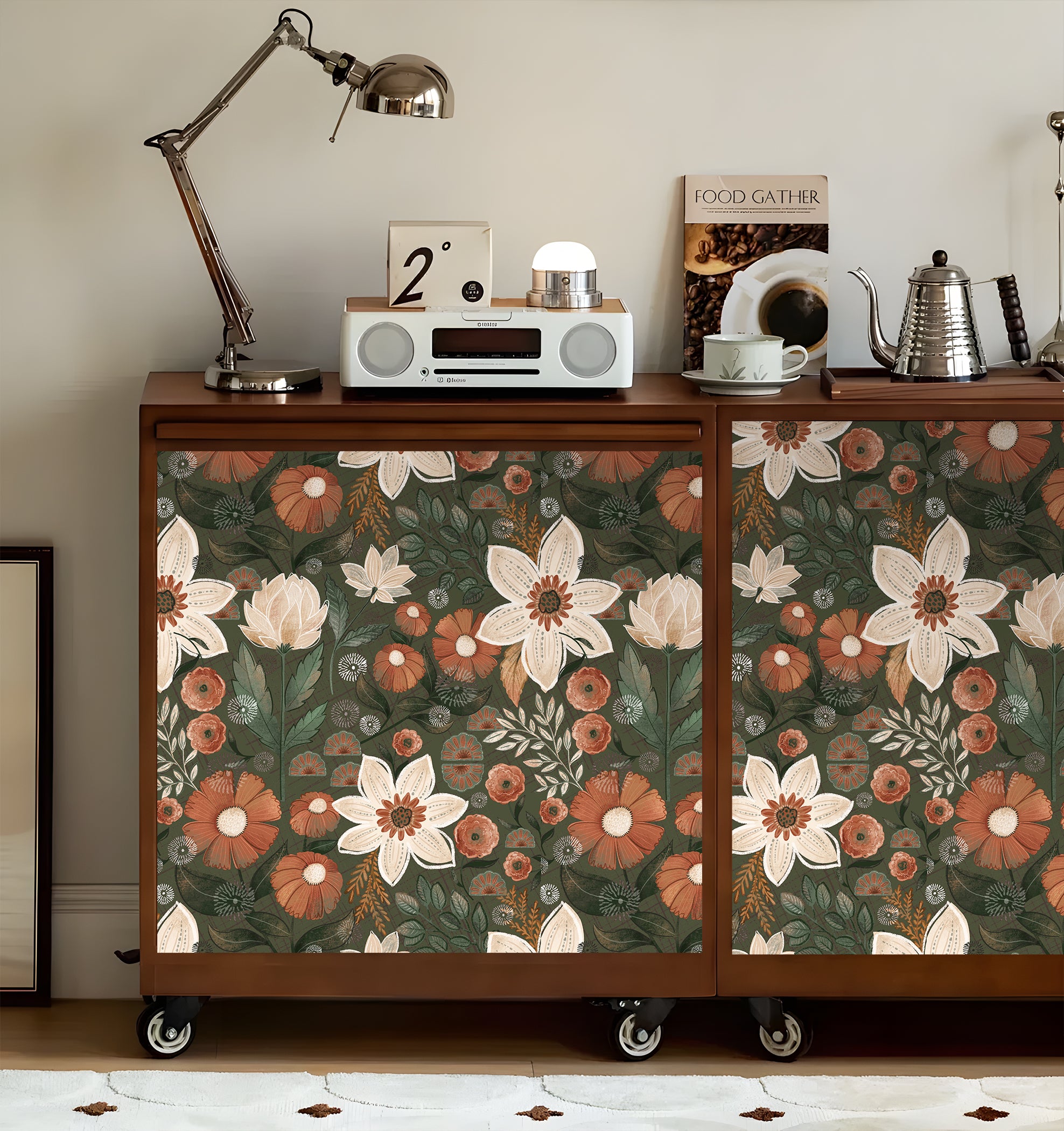 HaokHome Wallpaper Peel and Stick Vintage Floral Olive Green/Beige/Brown Botanical Wall Decor Removable Mural