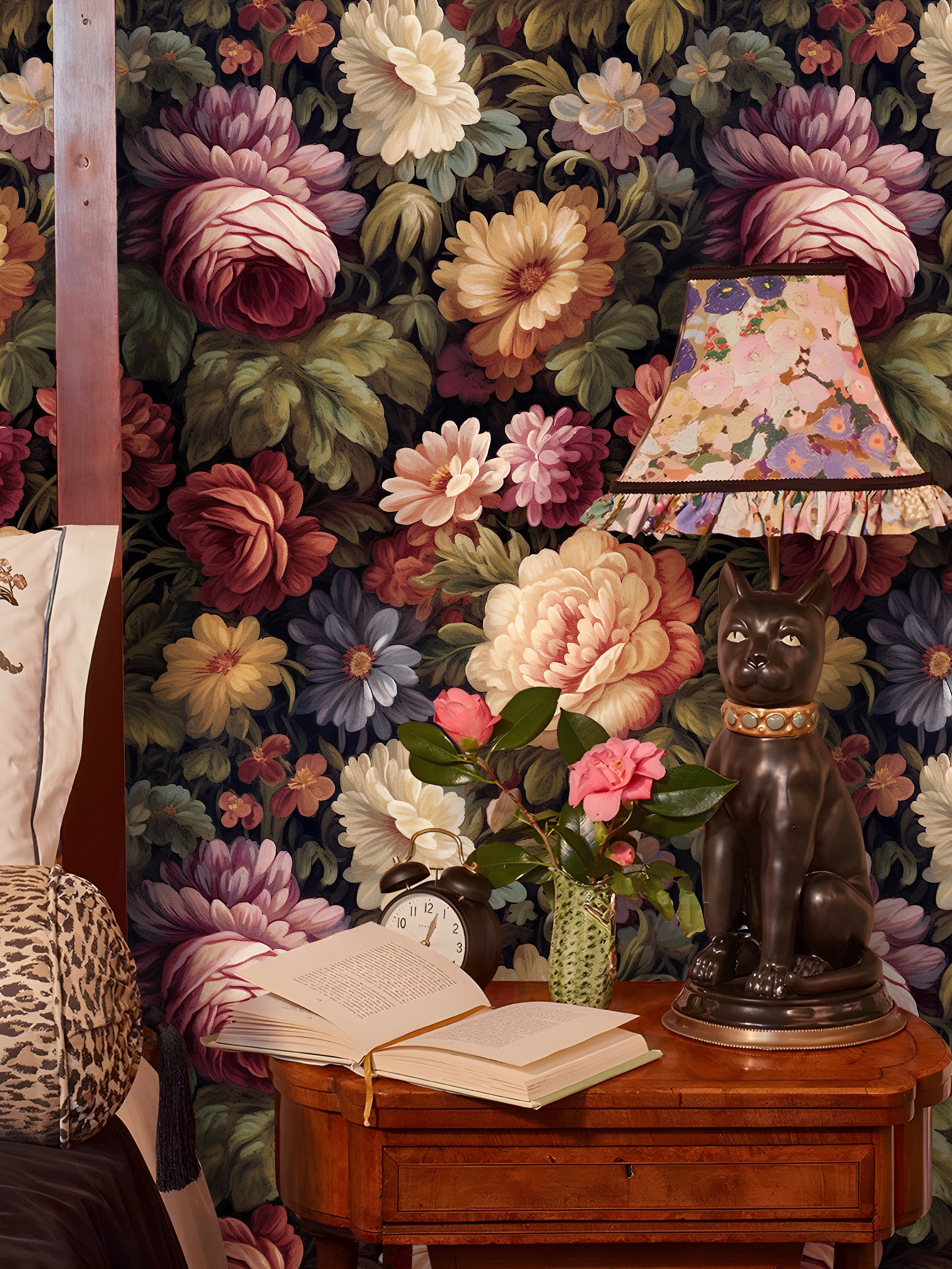 HaokHome Wallpaper Peel and Stick Vintage Floral Watercolor Wall Decor in Red, Pink, and Yellow Removable Mural