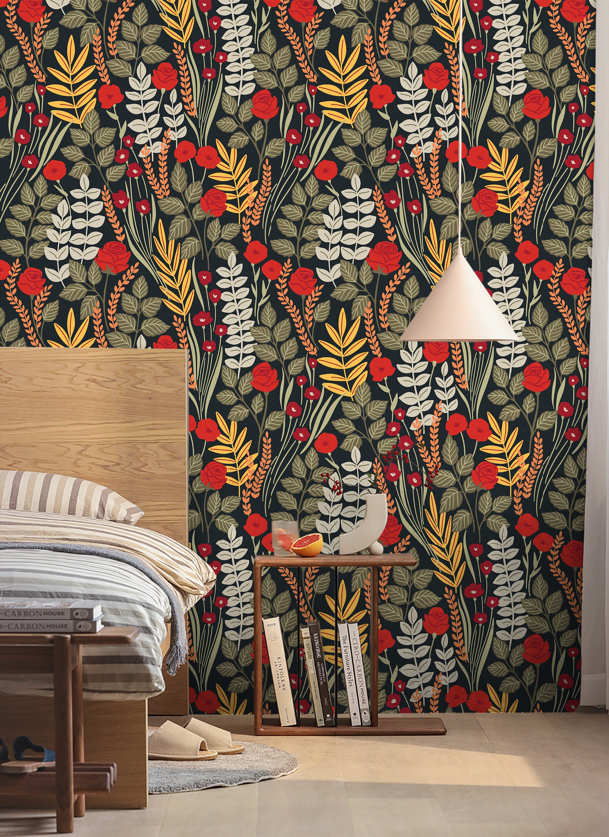 HaokHome Wallpaper Peel and Stick Vintage Rustic Rose Floral Wall Decor Dark Background Removable Mural for Living Room & Bedroom