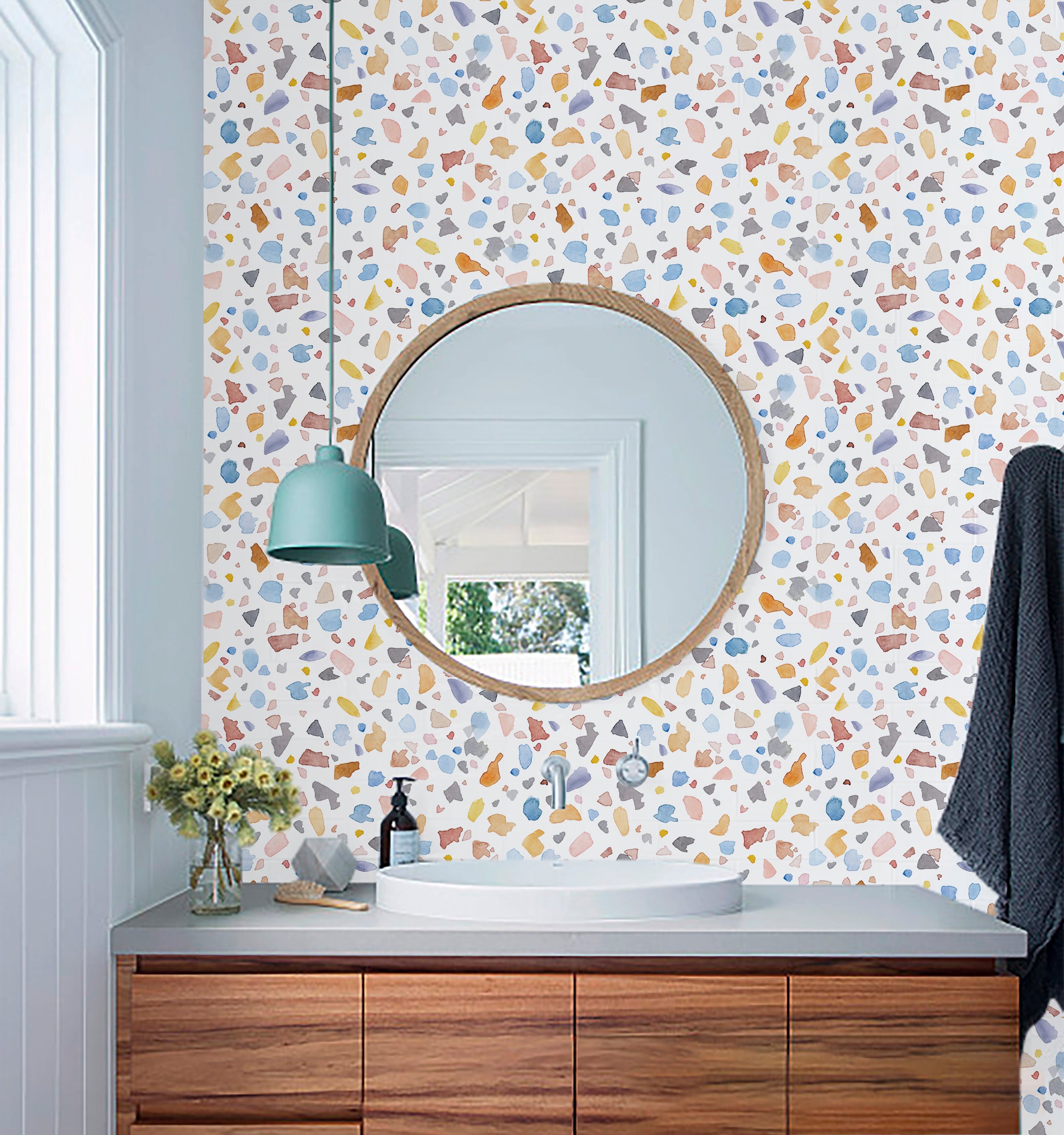 HaokHome Wallpaper Peel and Stick Watercolor Terrazzo Multicolor Wall Decor Removable Mural for Living Room & Kids' Room