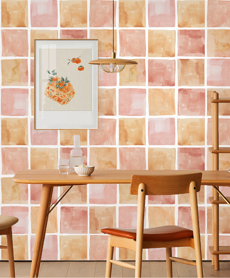 HaokHome Wallpaper Peel and Stick Watercolor Tile Pink/Orange Abstract Wall Decor Removable Mural for Kitchen & Bathroom