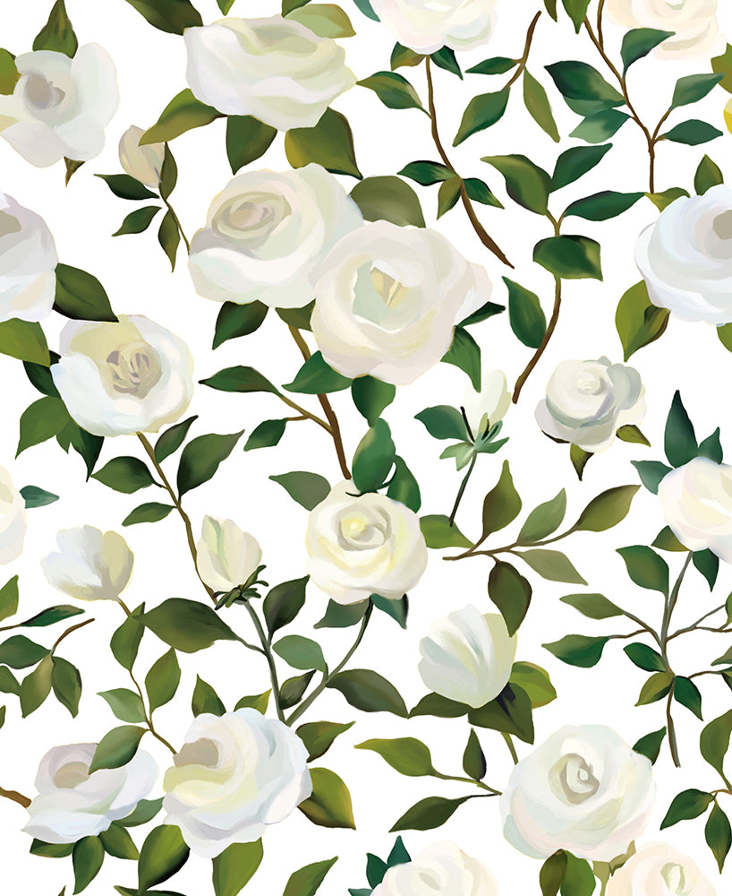 HaokHome Wallpaper Peel and Stick White Rose White/Green Botanical Wall Decor Removable Mural