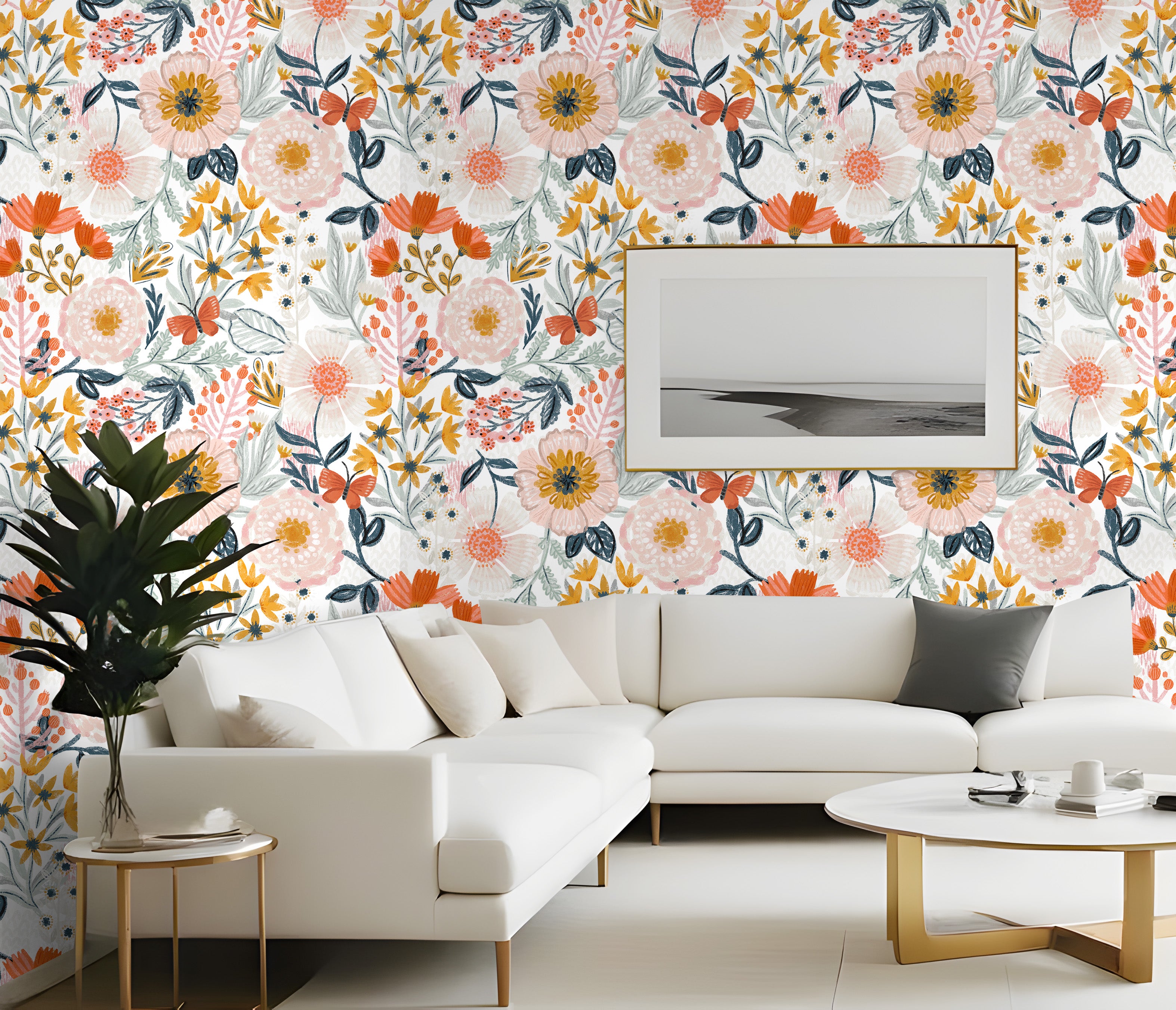 HaokHome Wallpaper Peel and Stick Wildflower White/Orange/Yellow Floral with Butterflies Removable Mural