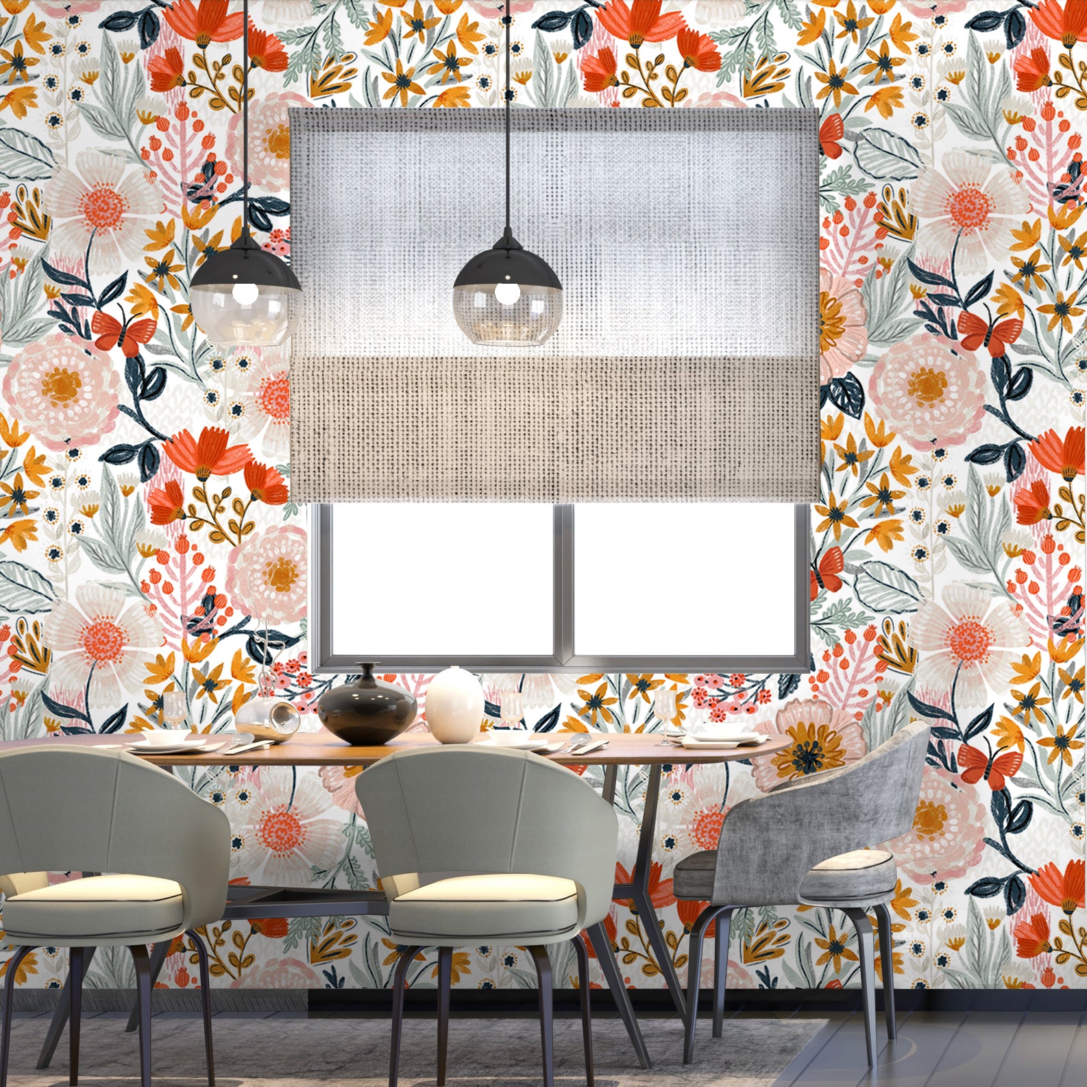 HaokHome Wallpaper Peel and Stick Wildflower White/Orange/Yellow Floral with Butterflies Removable Mural