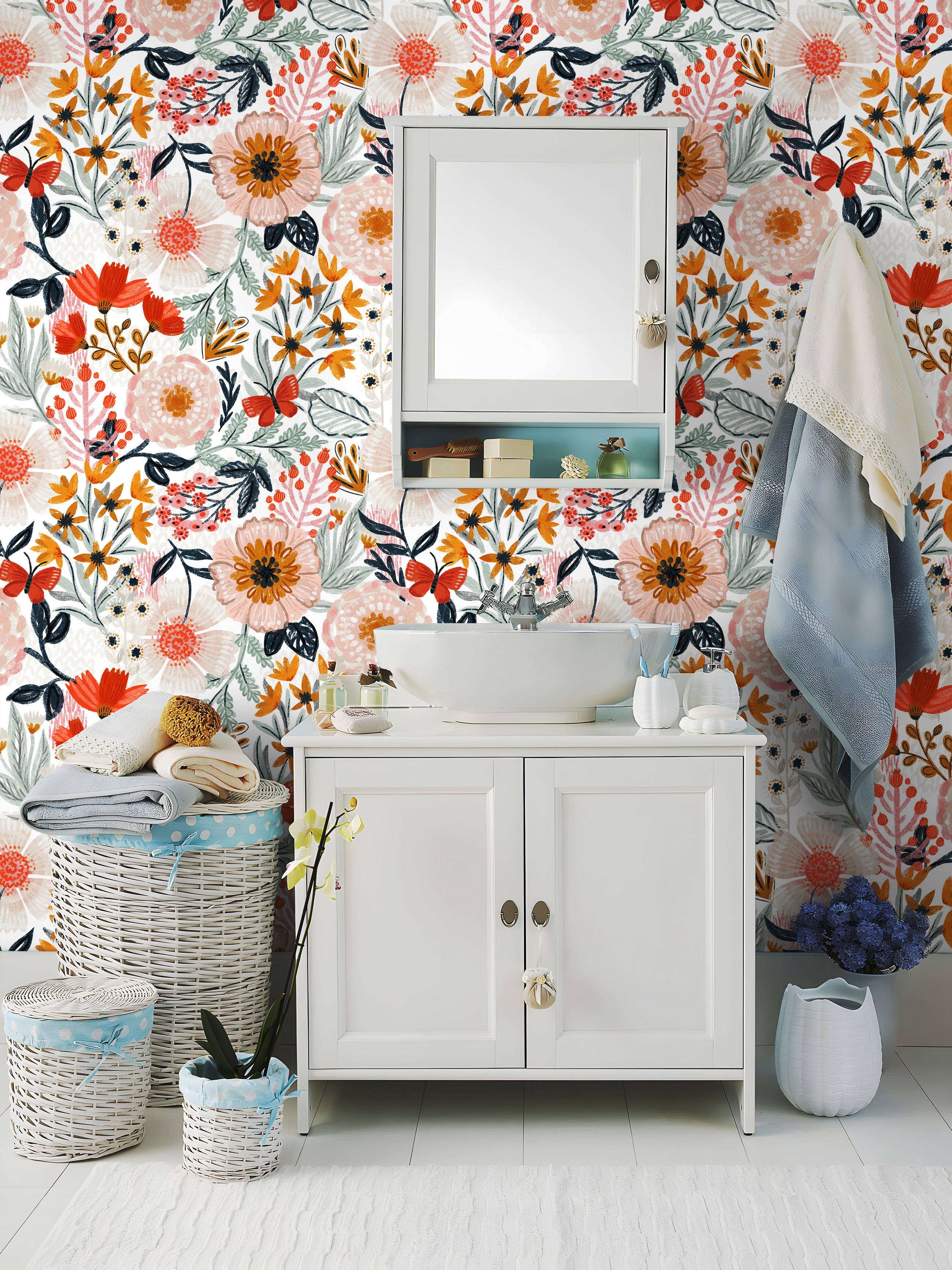 HaokHome Wallpaper Peel and Stick Wildflower White/Orange/Yellow Floral with Butterflies Removable Mural