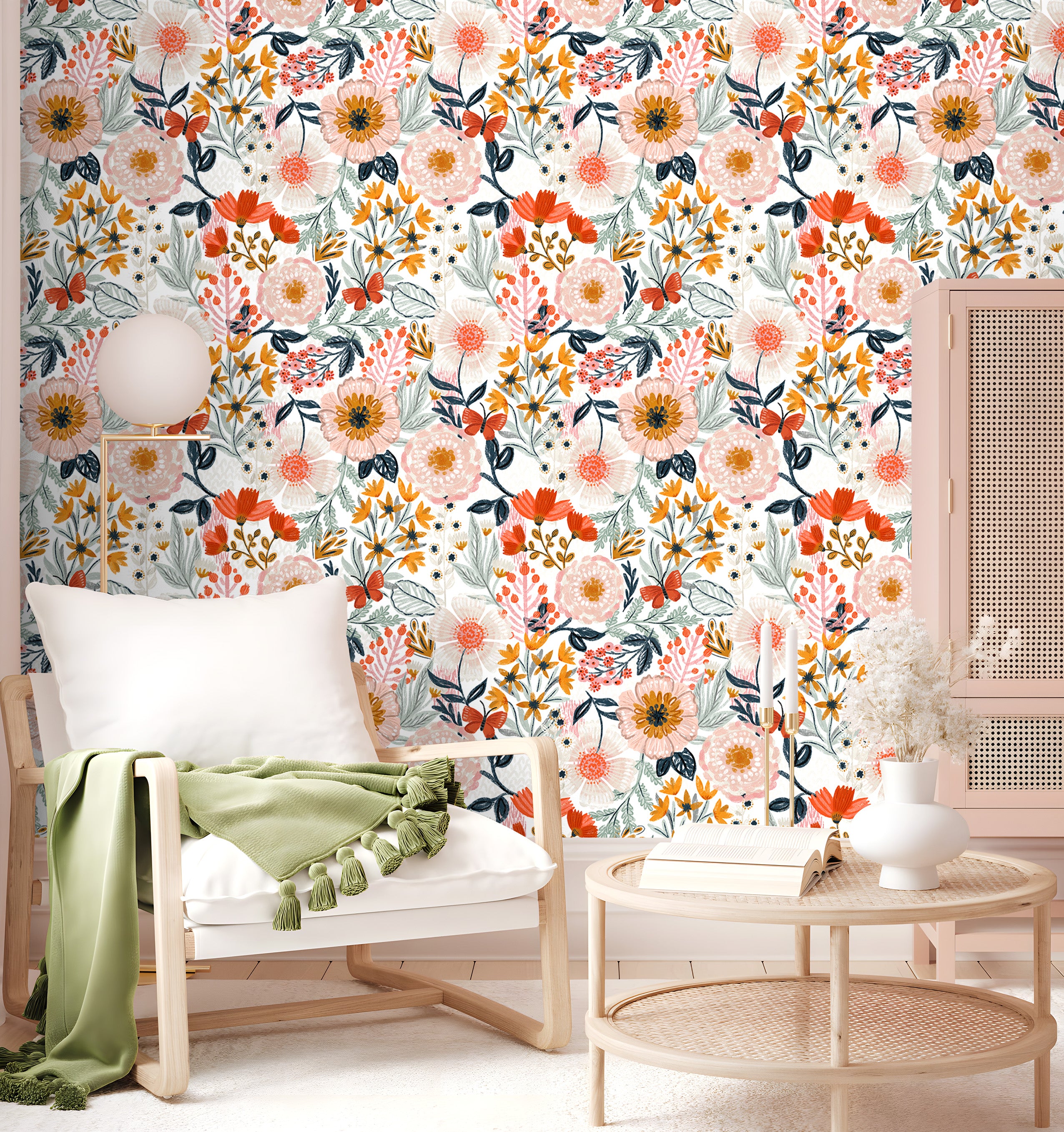 HaokHome Wallpaper Peel and Stick Wildflower White/Orange/Yellow Floral with Butterflies Removable Mural