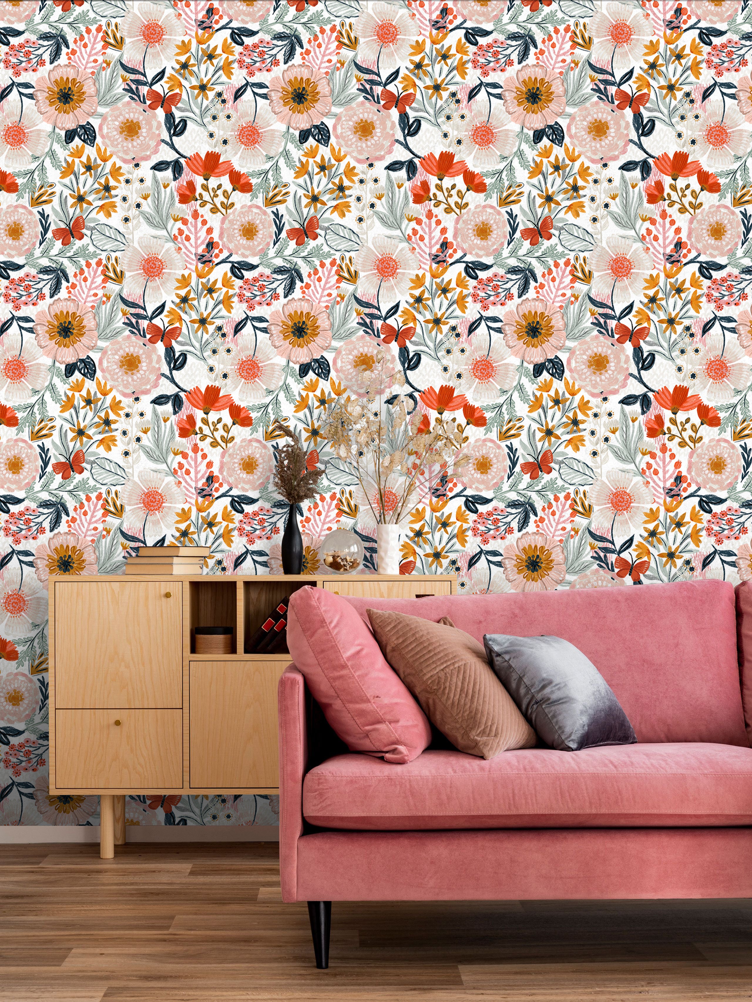 HaokHome Wallpaper Peel and Stick Wildflower White/Orange/Yellow Floral with Butterflies Removable Mural