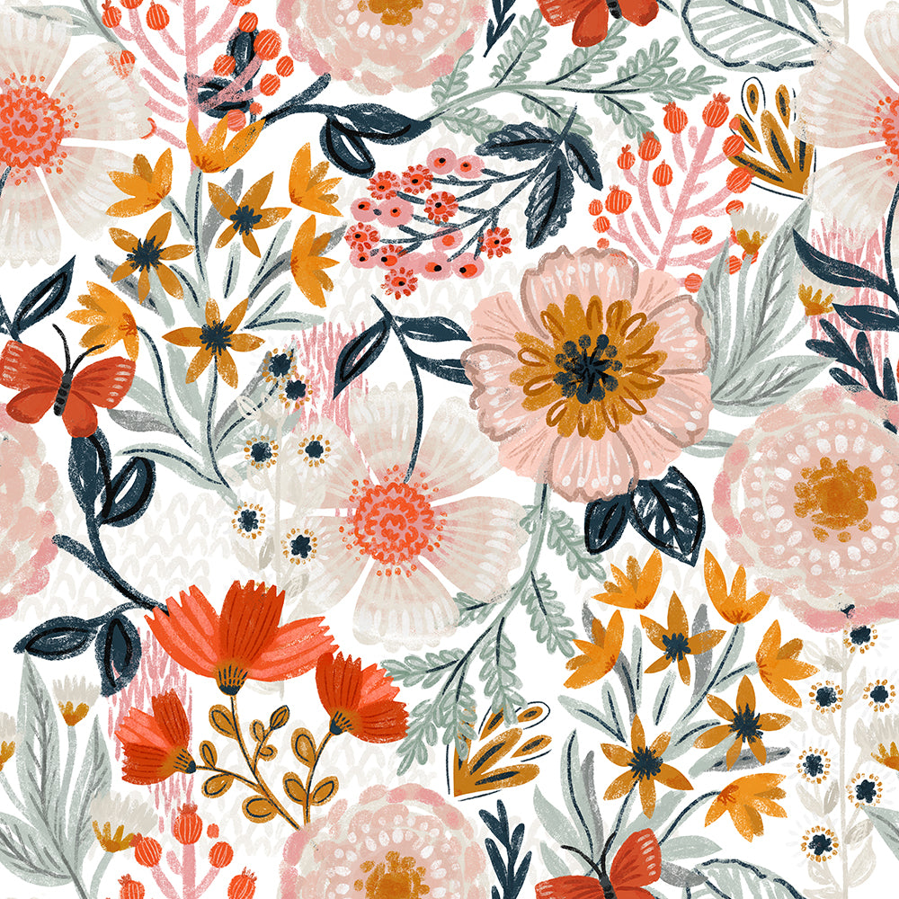 HaokHome Wallpaper Peel and Stick Wildflower White/Orange/Yellow Floral with Butterflies Removable Mural