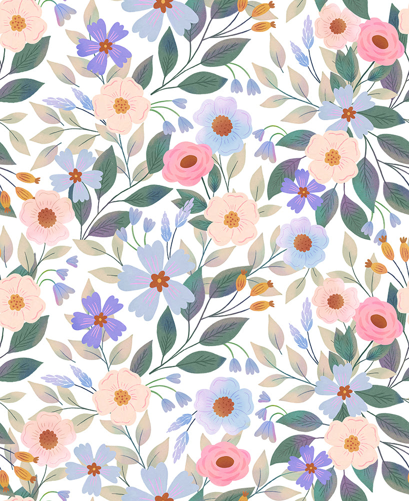 HaokHome Wallpaper Peel and Stick Wildflowers White/Pink/Blue Lavender Daisy Wall Decor Removable Mural